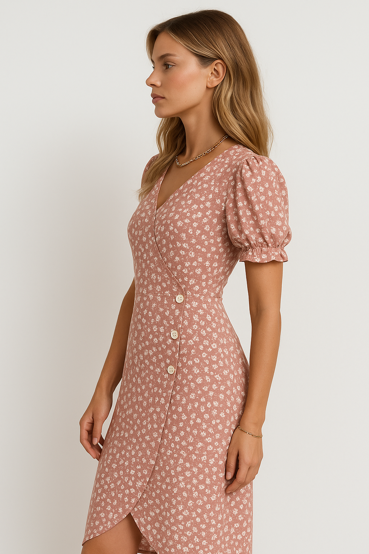 Robe Midi V-Cou | Manche Puff | Détail Croisé