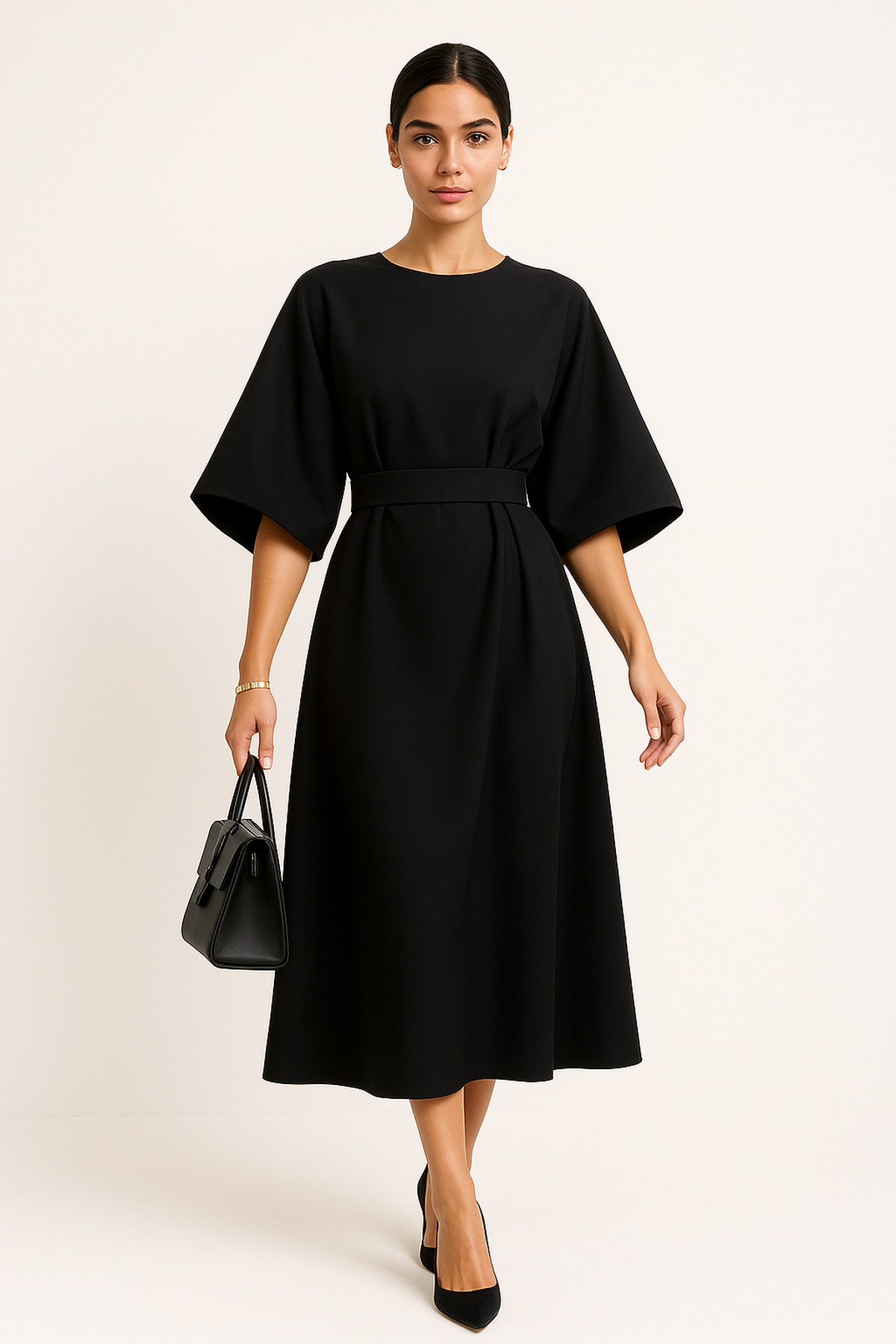 Robe Midi à Manches Batwing | Silhouette A-Line Ceinturée