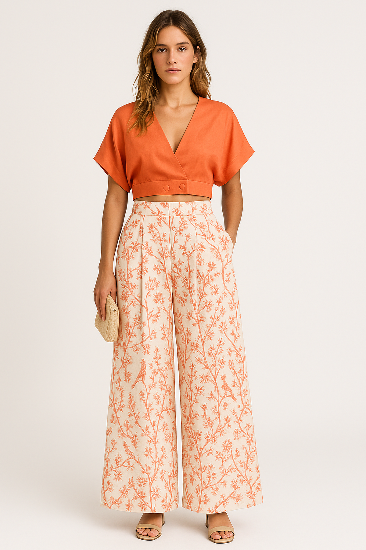 Ensemble Top Cropped V et Pantalon Large Imprimé | Taille Haute