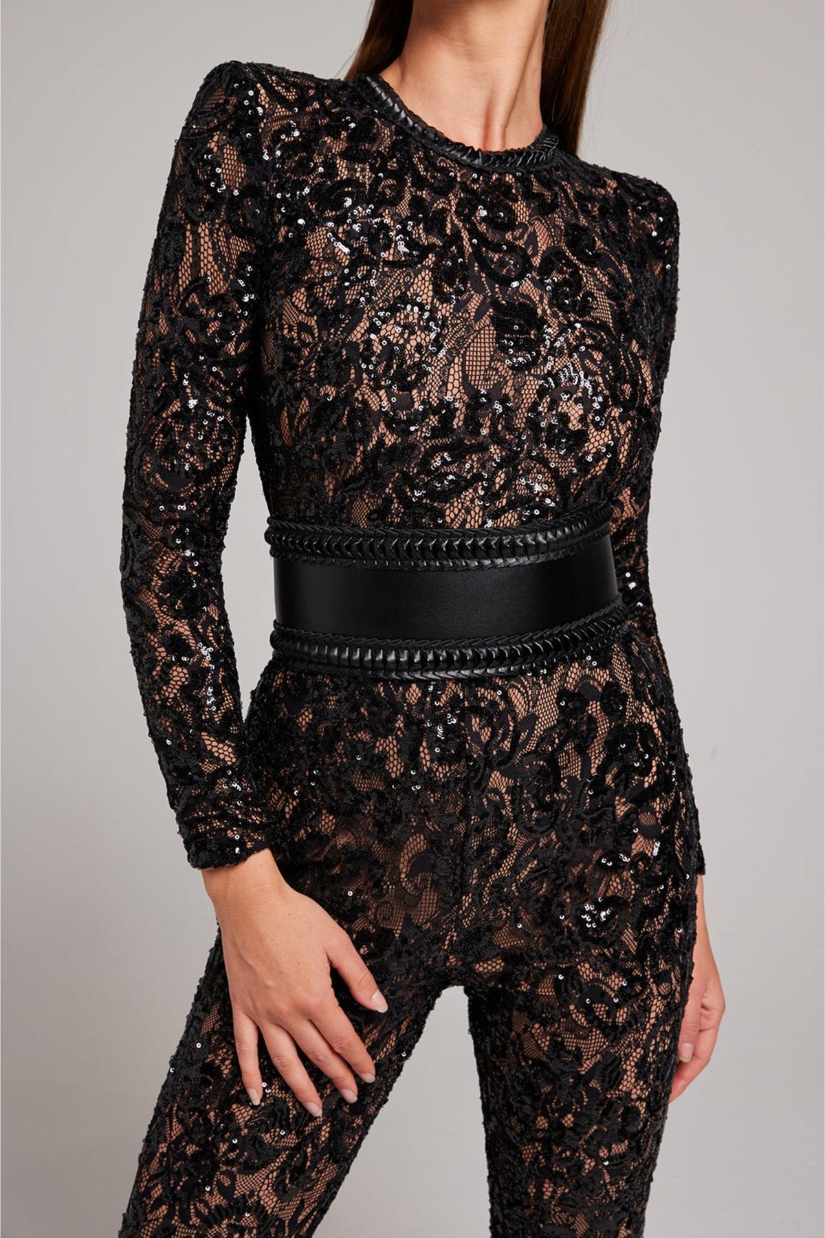 Jumpsuit en Dentelle et Sequins | Haut Taille | Manches Longues | Jambe Évasée