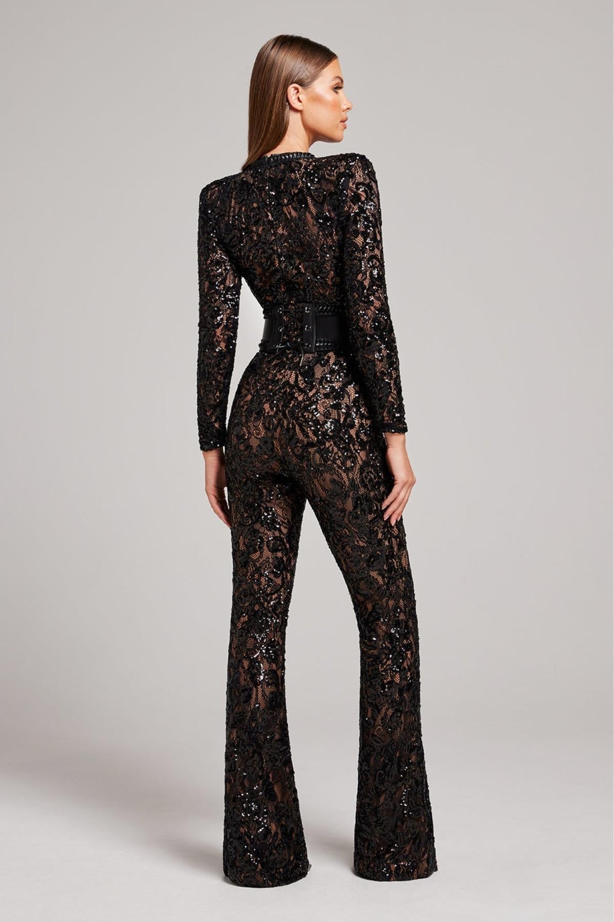 Jumpsuit en Dentelle et Sequins | Haut Taille | Manches Longues | Jambe Évasée