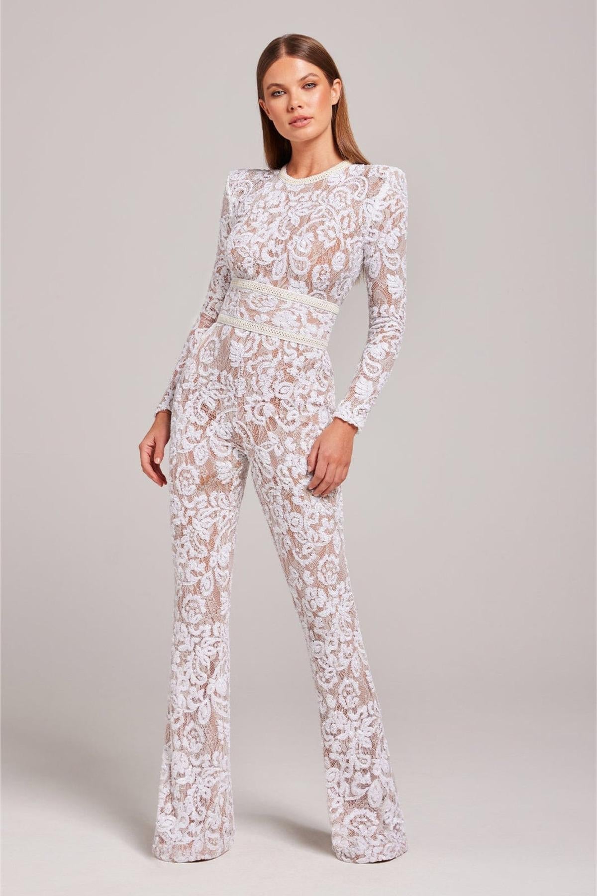 Jumpsuit en Dentelle et Sequins | Haut Taille | Manches Longues | Jambe Évasée