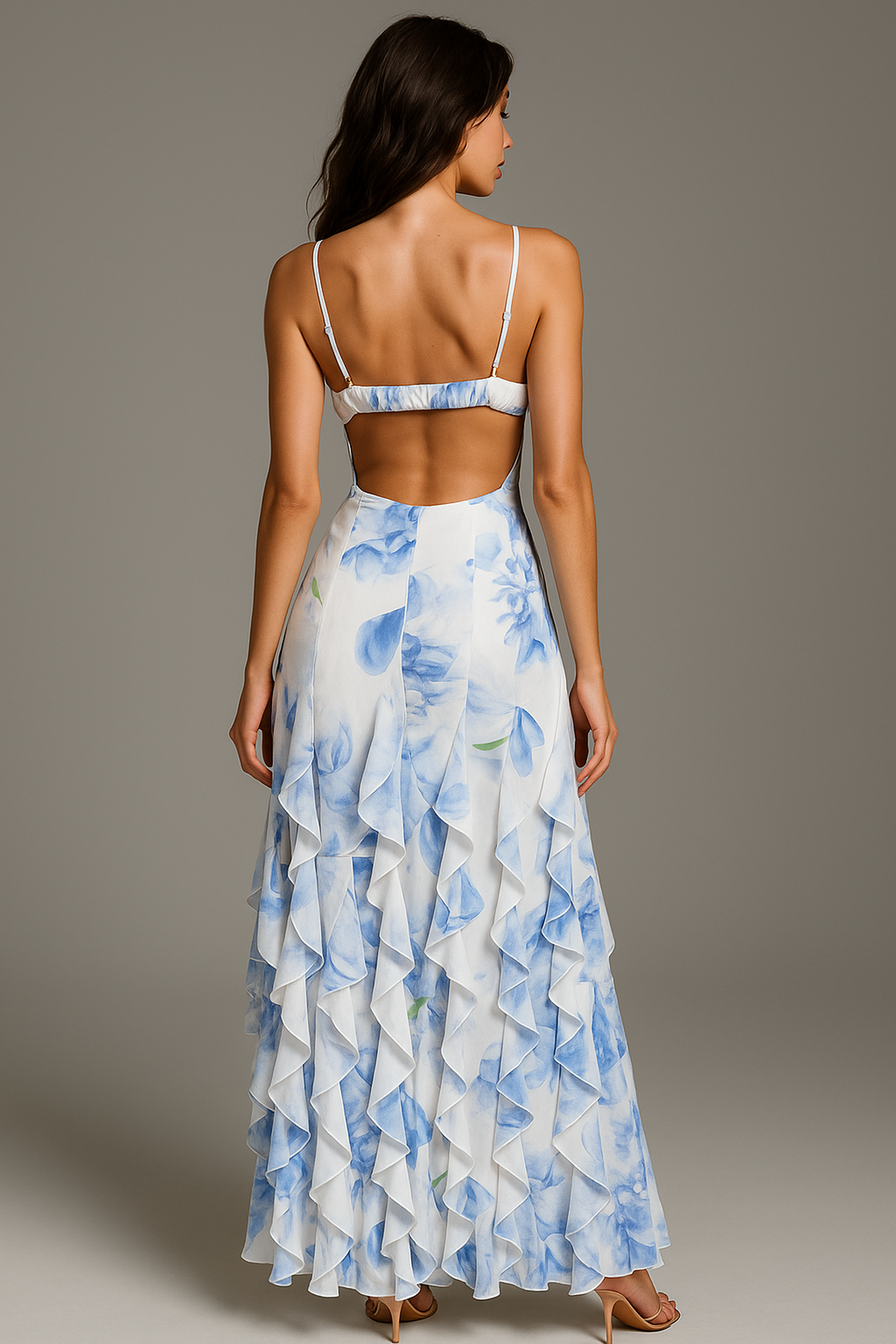 Robe Maxi Florale Ruffles | V-Neck, Couches Superposées, Bretelles Spaghetti