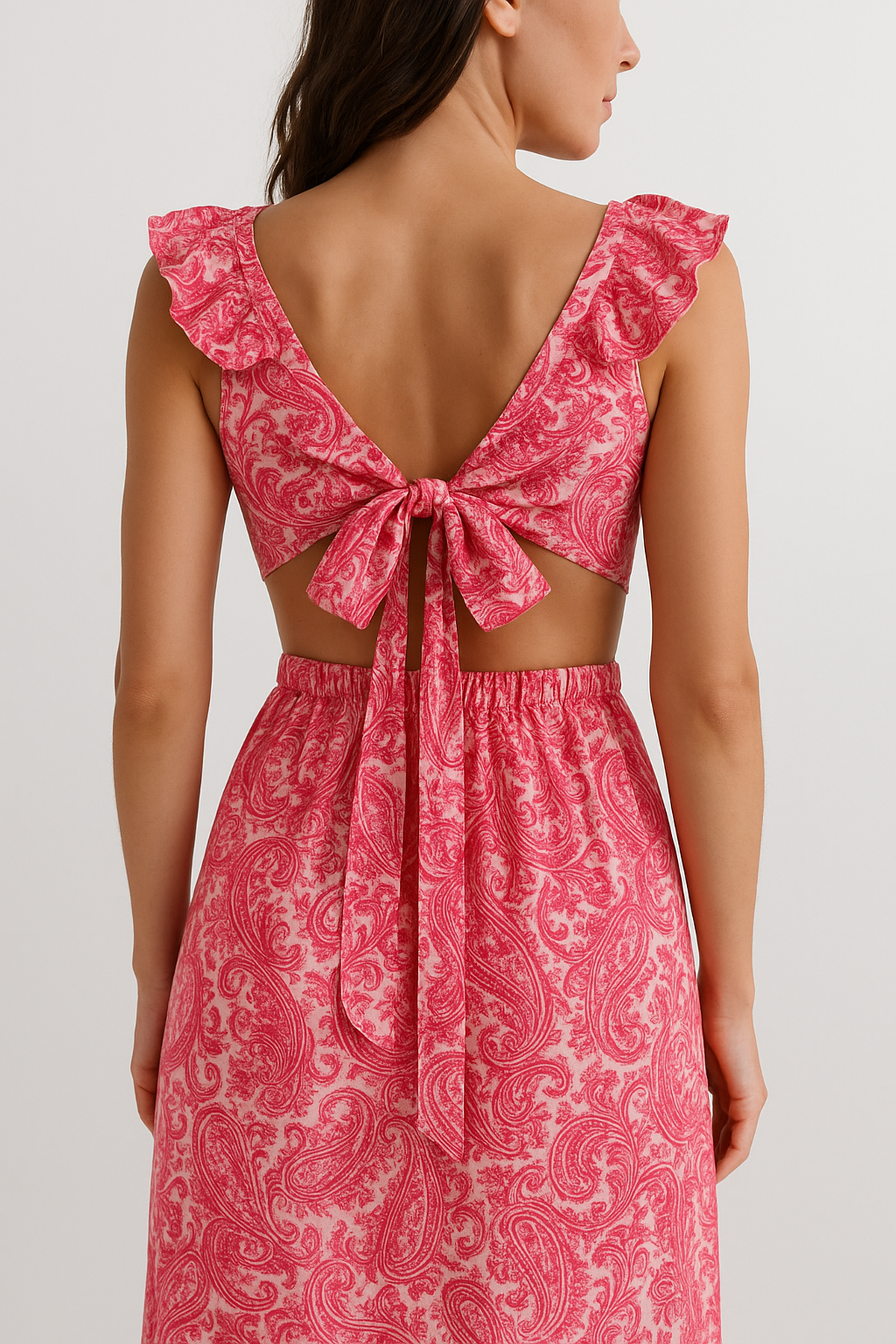 Robe Maxi Paisley | Col V | Taille Découpée | Ourlet Volant