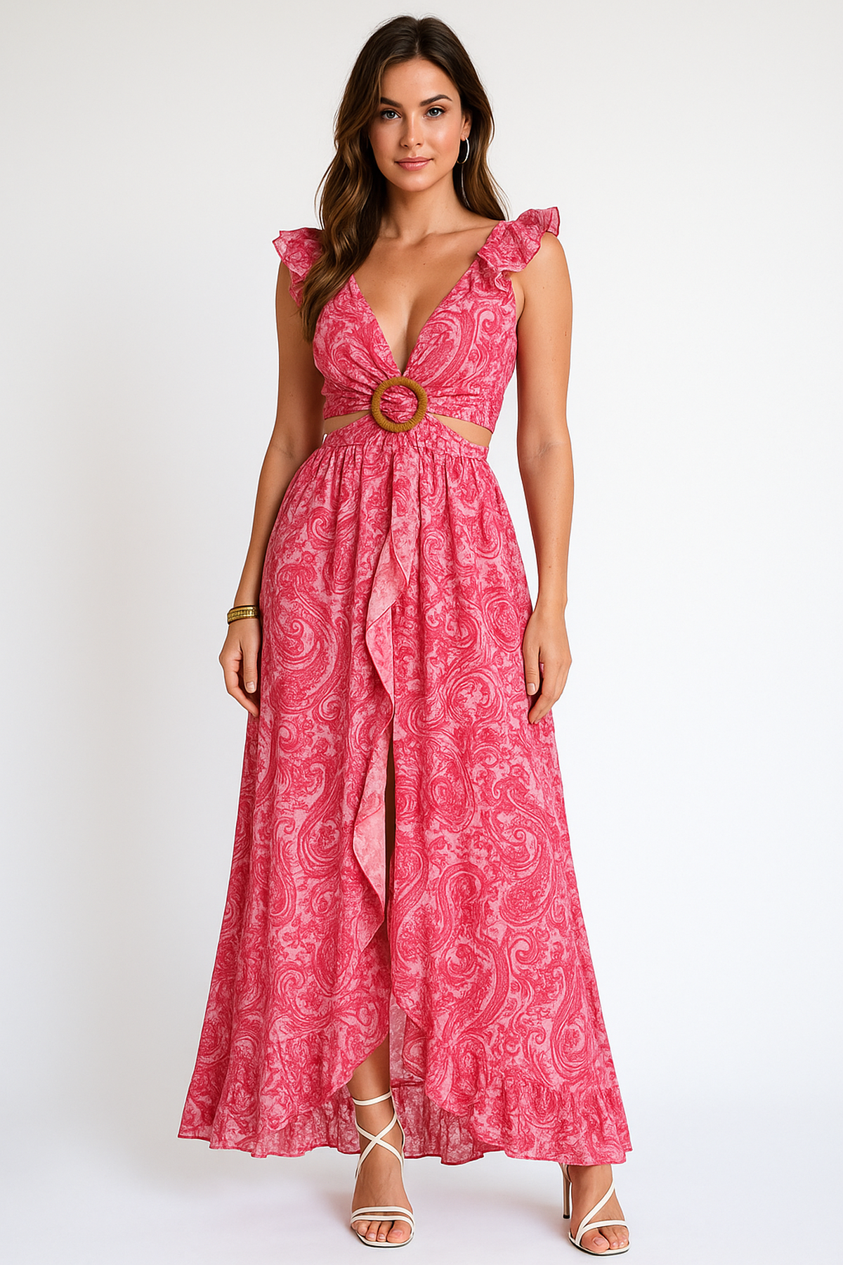 Robe Maxi Paisley | Col V | Taille Découpée | Ourlet Volant