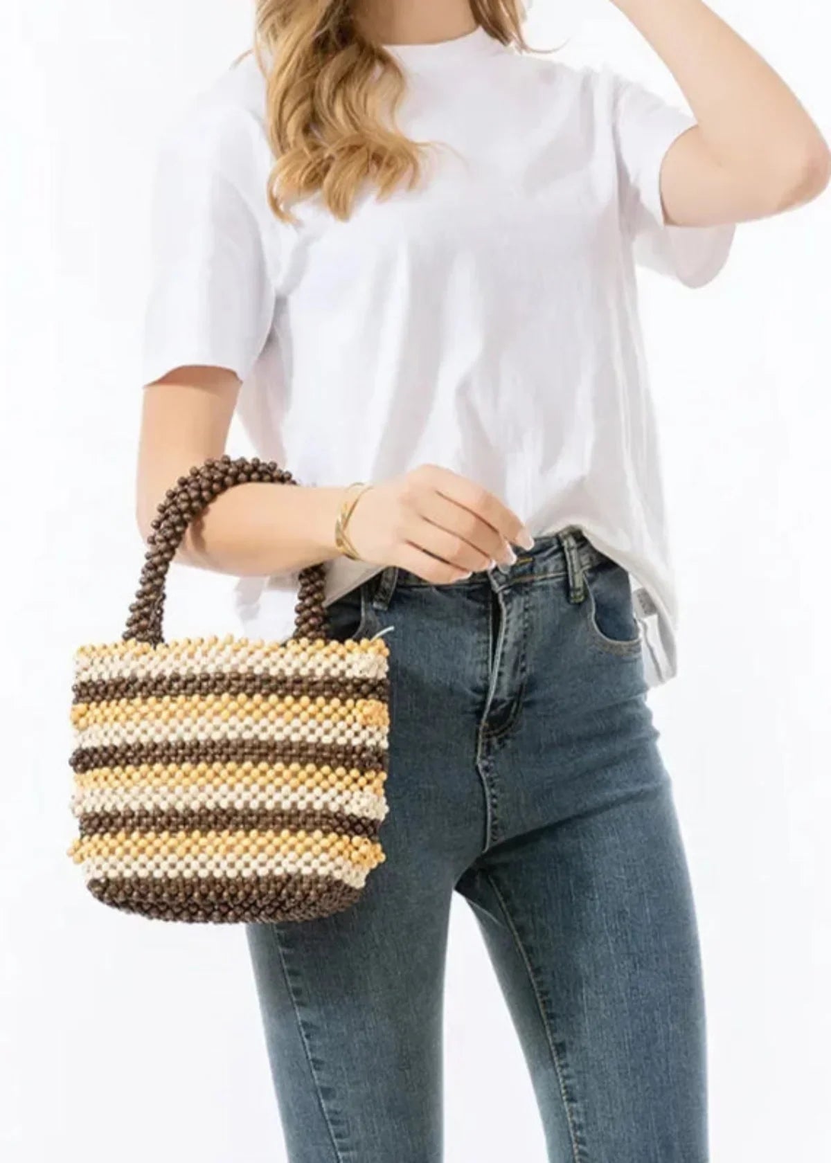 Sac Tote en Perles Rayées Artisanal | Manche Structuré