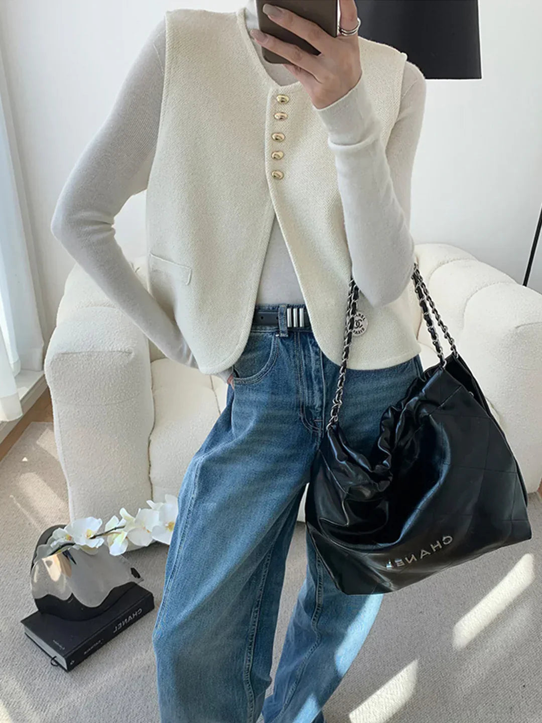 Gilet Tricot Métier | Détail Bouton Or | Coupe Regular