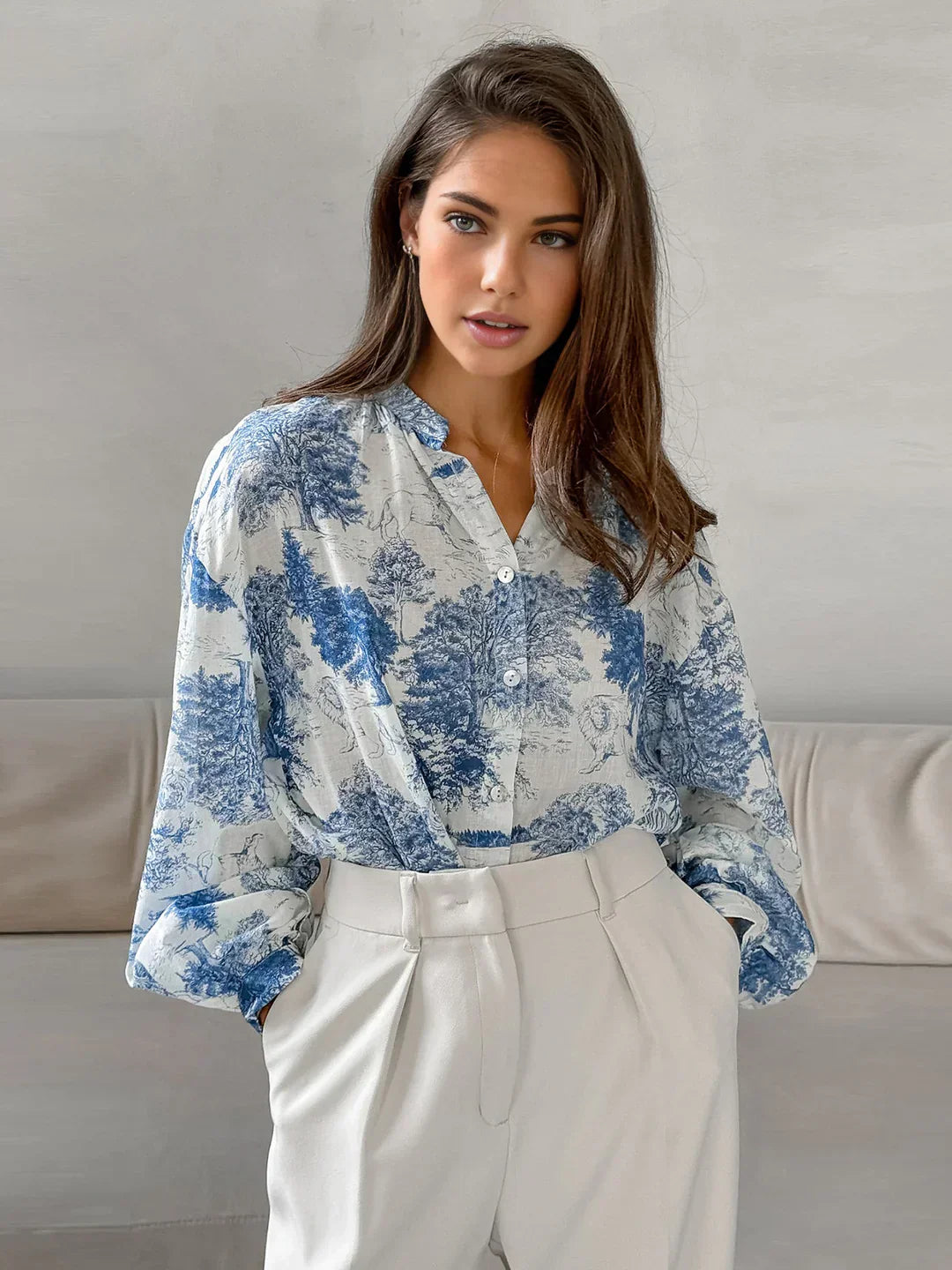 Chemise Imprimée à Manches Longues | Col Stand | Coupe Relaxe