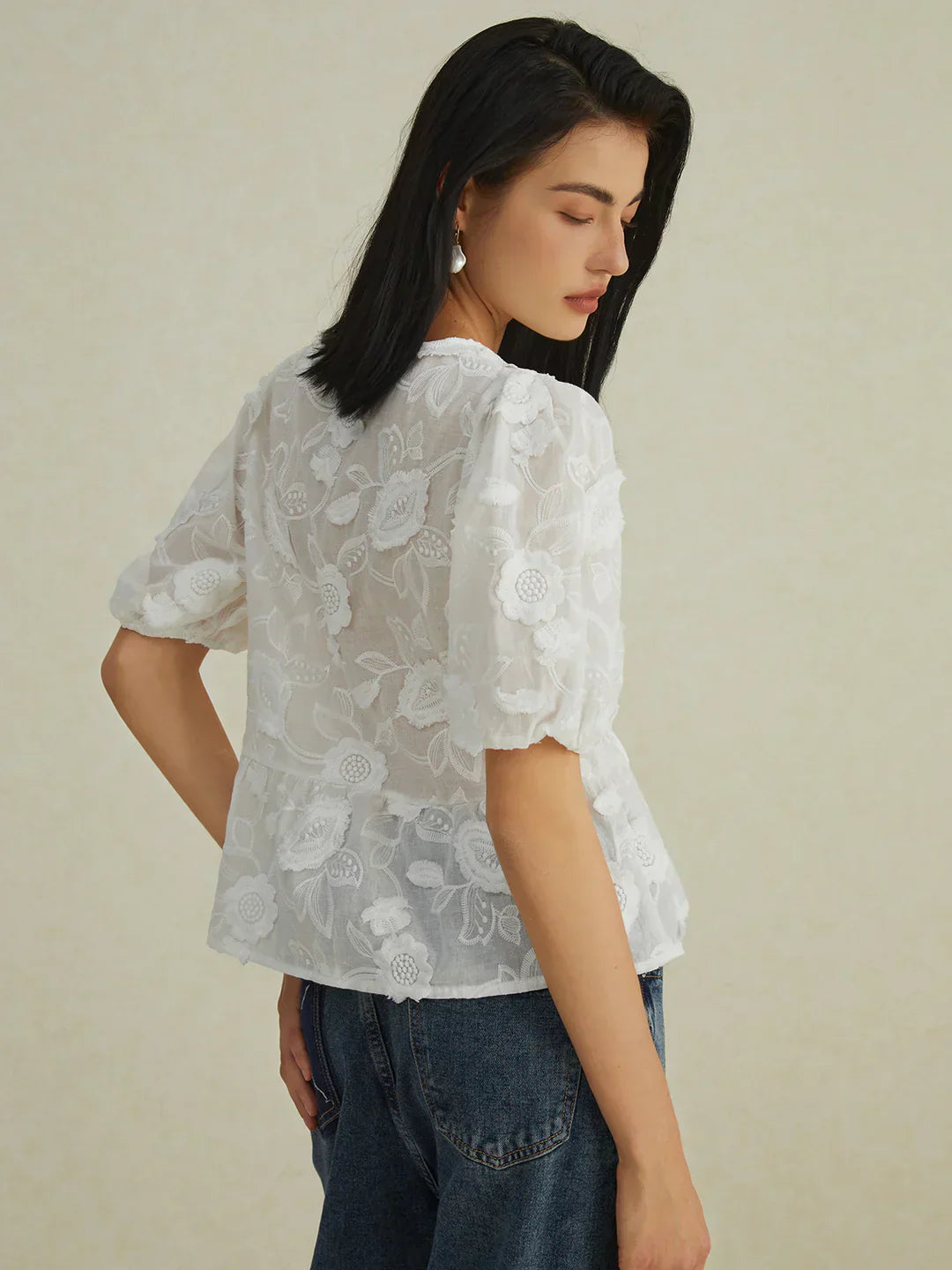 Blouse Florale Brodée | Manches Ballon | Transparente