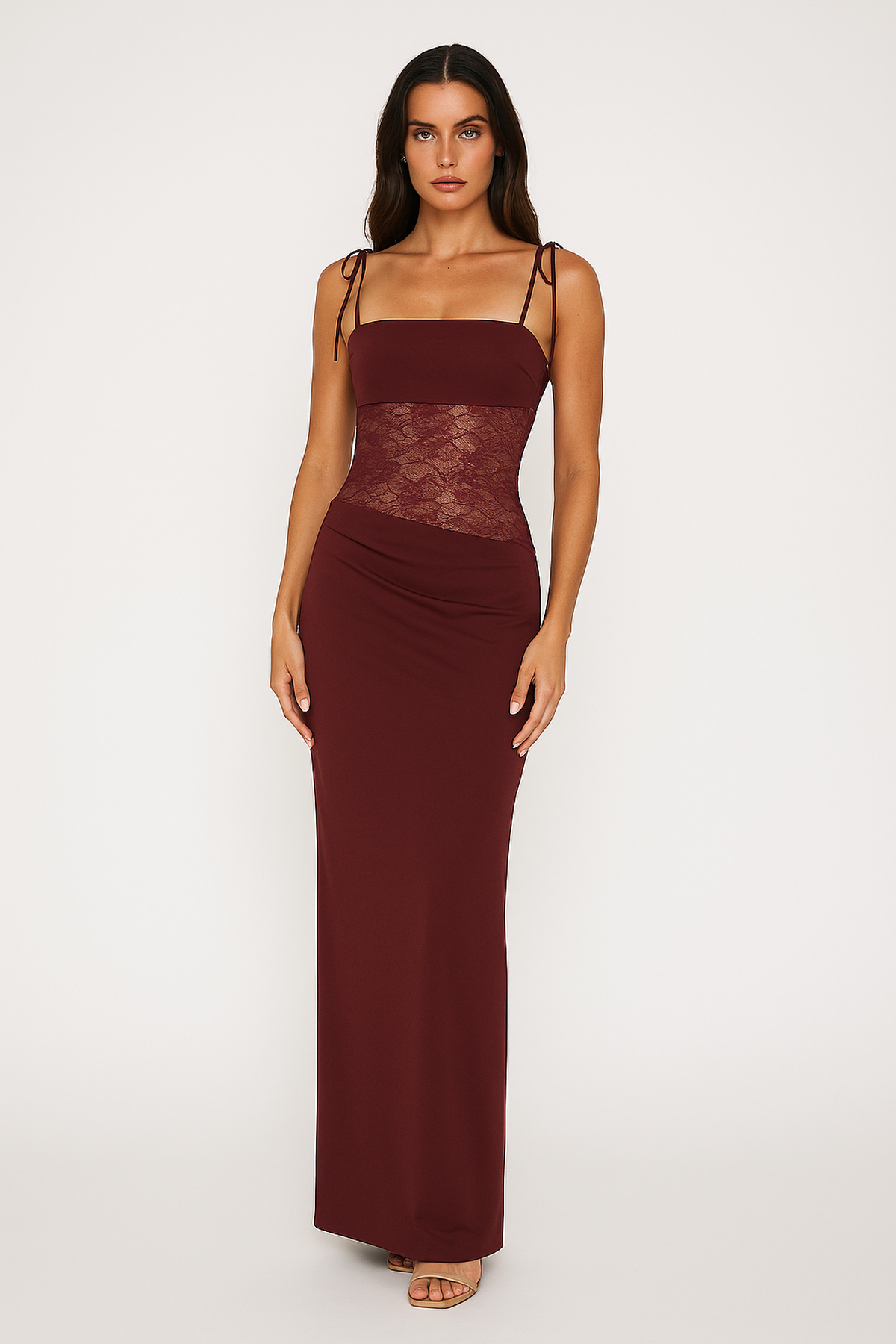 Robe Maxi Insert Dentelle | Bretelles Spaghetti | Dos Ouvert