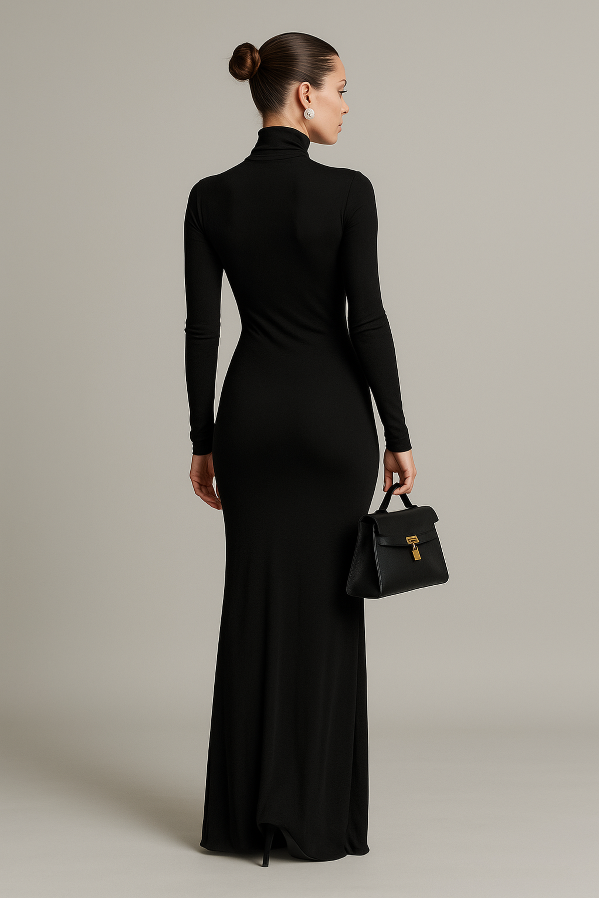 Robe Maxi à Manches Longues Col Roulé Minuit | Ajustement Élastique | Longueur Maxi