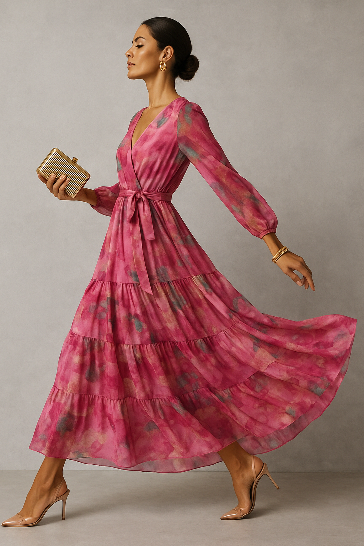 Robe Maxi Imprimée V-Cou | Longue Manche | Ceinture Autre