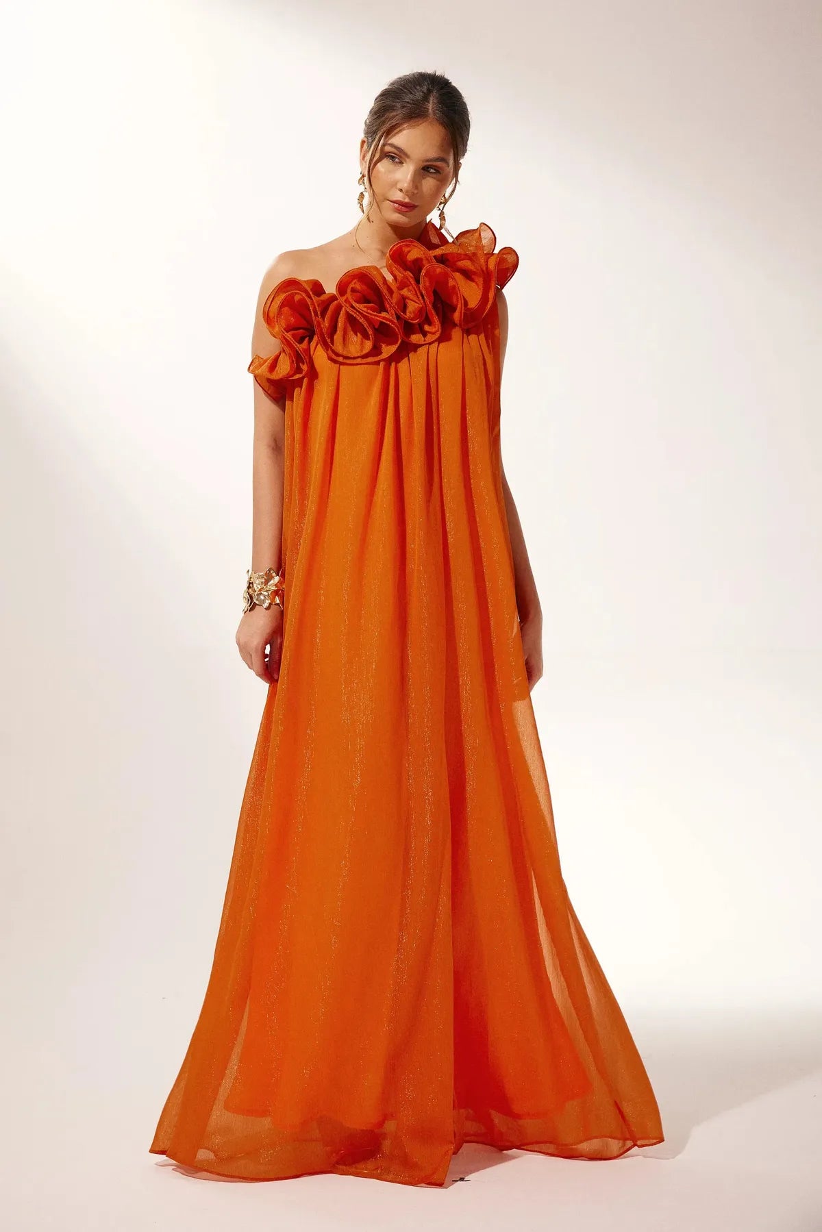 Robe Maxi Florale Épaule Nue | Silhouette Drapée | Soirée
