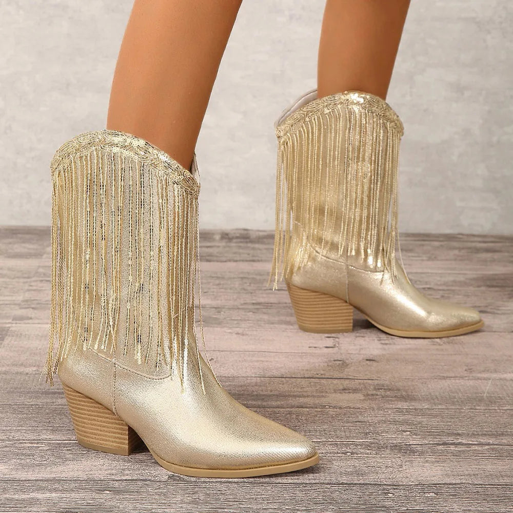 Bottes Western Fringe Mi-Mollet | Embout Pointu | Talon Bloc