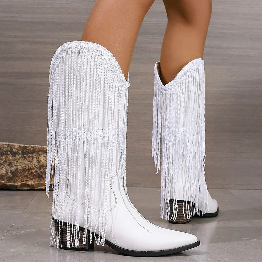 Bottes Western Fringe Mi-Mollet | Embout Pointu | Talon Bloc