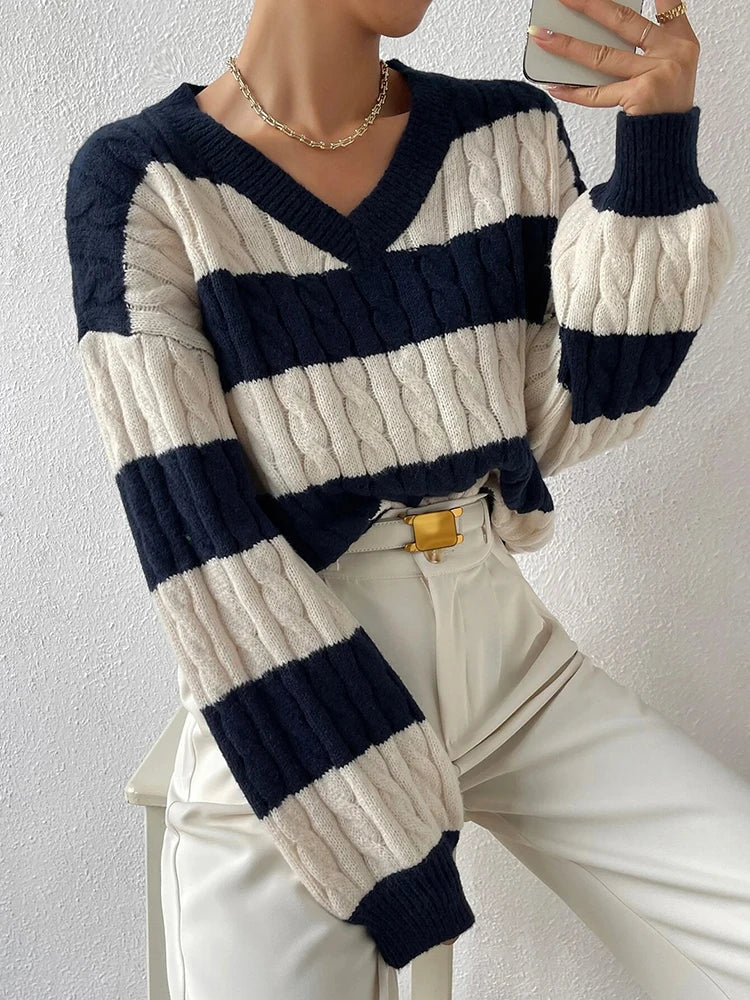 Pull Over Rayures Maille Cable Col V | Coupe Relaxée