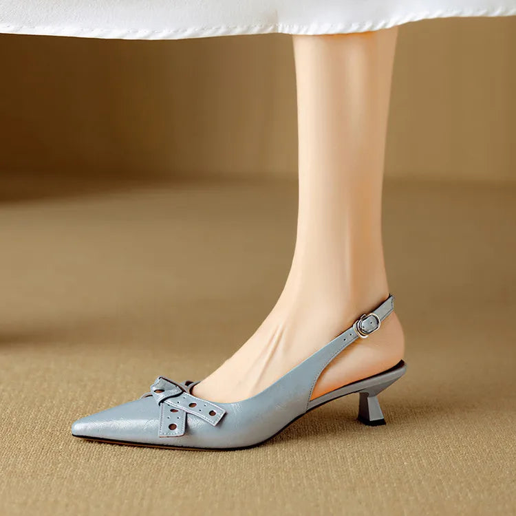 Talons Slingback à Orteil Pointu | Cuir Véritable | Détail Noeud