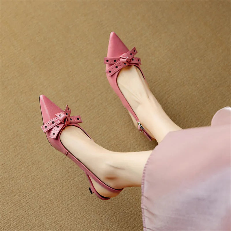 Talons Slingback à Orteil Pointu | Cuir Véritable | Détail Noeud