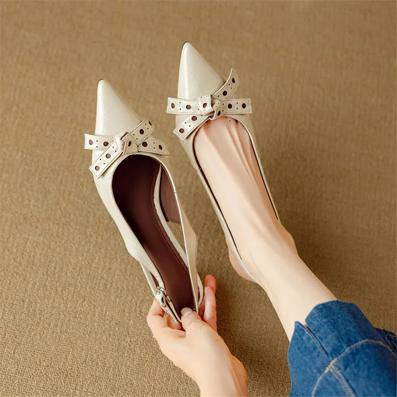 Talons Slingback à Orteil Pointu | Cuir Véritable | Détail Noeud