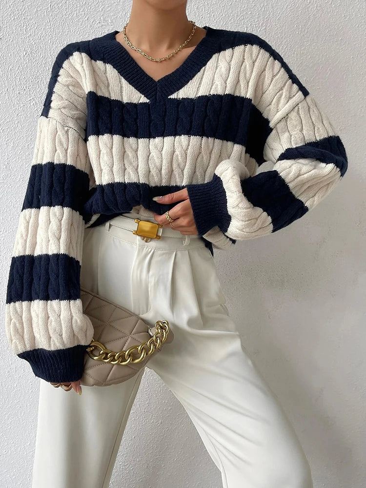Pull Over Rayures Maille Cable Col V | Coupe Relaxée