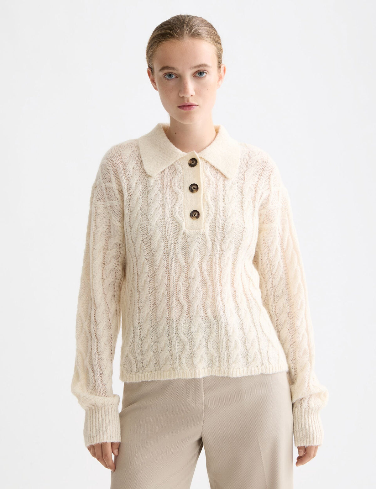 Pull en Maille Cable | Mélange Mohair et Laine | Col Polo