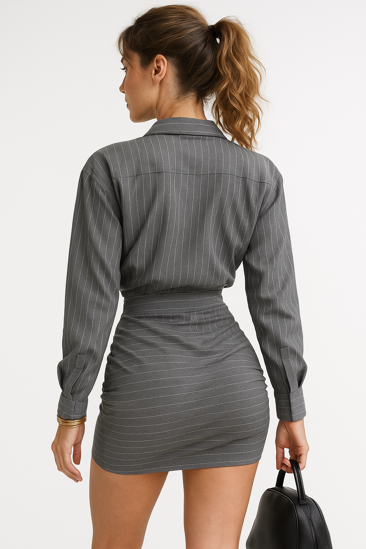 Ensemble Chemise Rayée et Jupe Mini | Top Détendu | Jupe Froncée