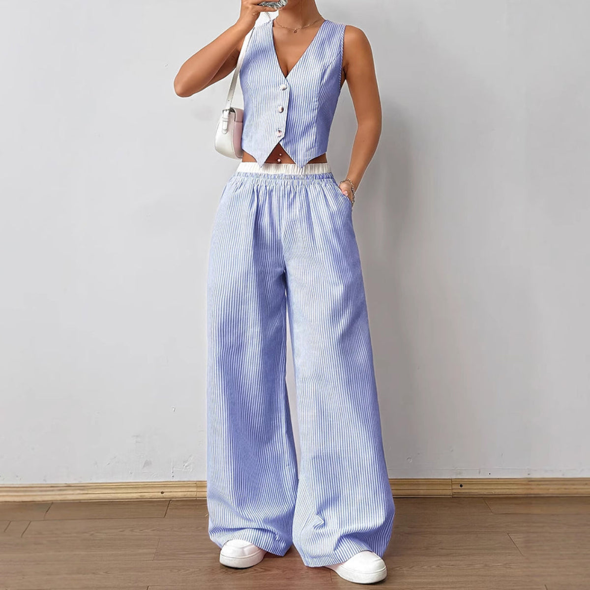 Ensemble Gilet Sans Manches Rayé et Pantalon Large | Resort Été