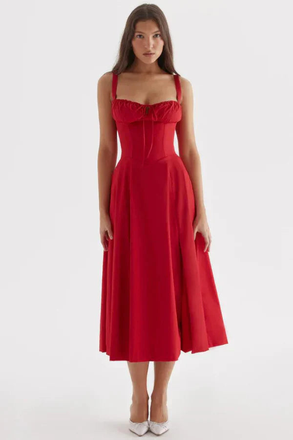 Robe Midi Florale Corsetée | Décolleté Coeur, Jupe Fendue, Bretelles Spaghetti