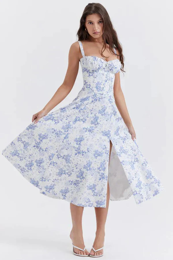 Robe Midi Florale Corsetée | Décolleté Coeur, Jupe Fendue, Bretelles Spaghetti