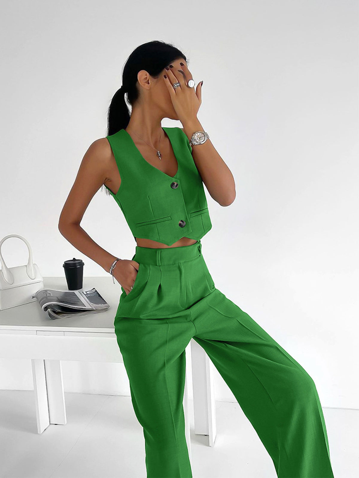 Ensemble Gilet et Pantalon Large Plissé | Mélange Coton Lin