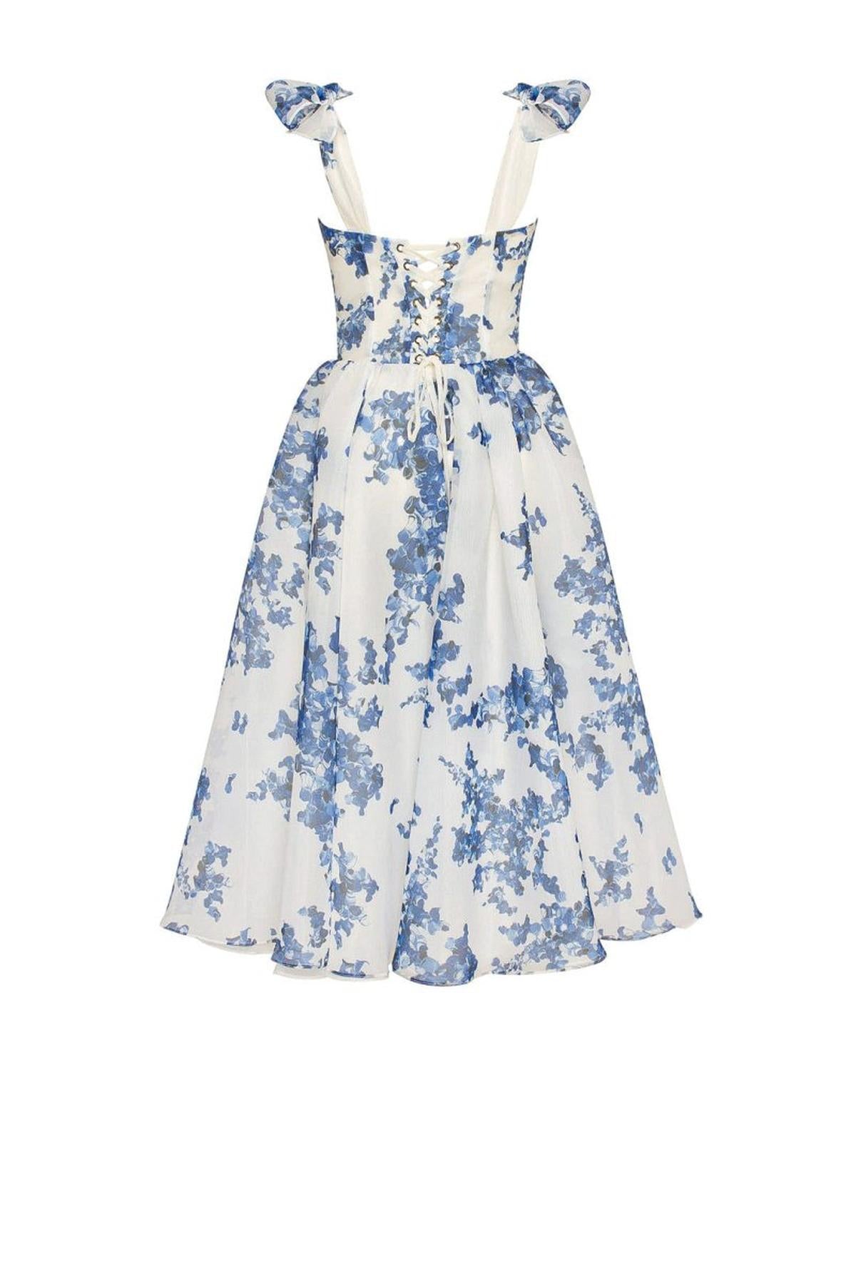 Robe Midi Organza Florale | Col Sweetheart | Bretelles Fines | Été