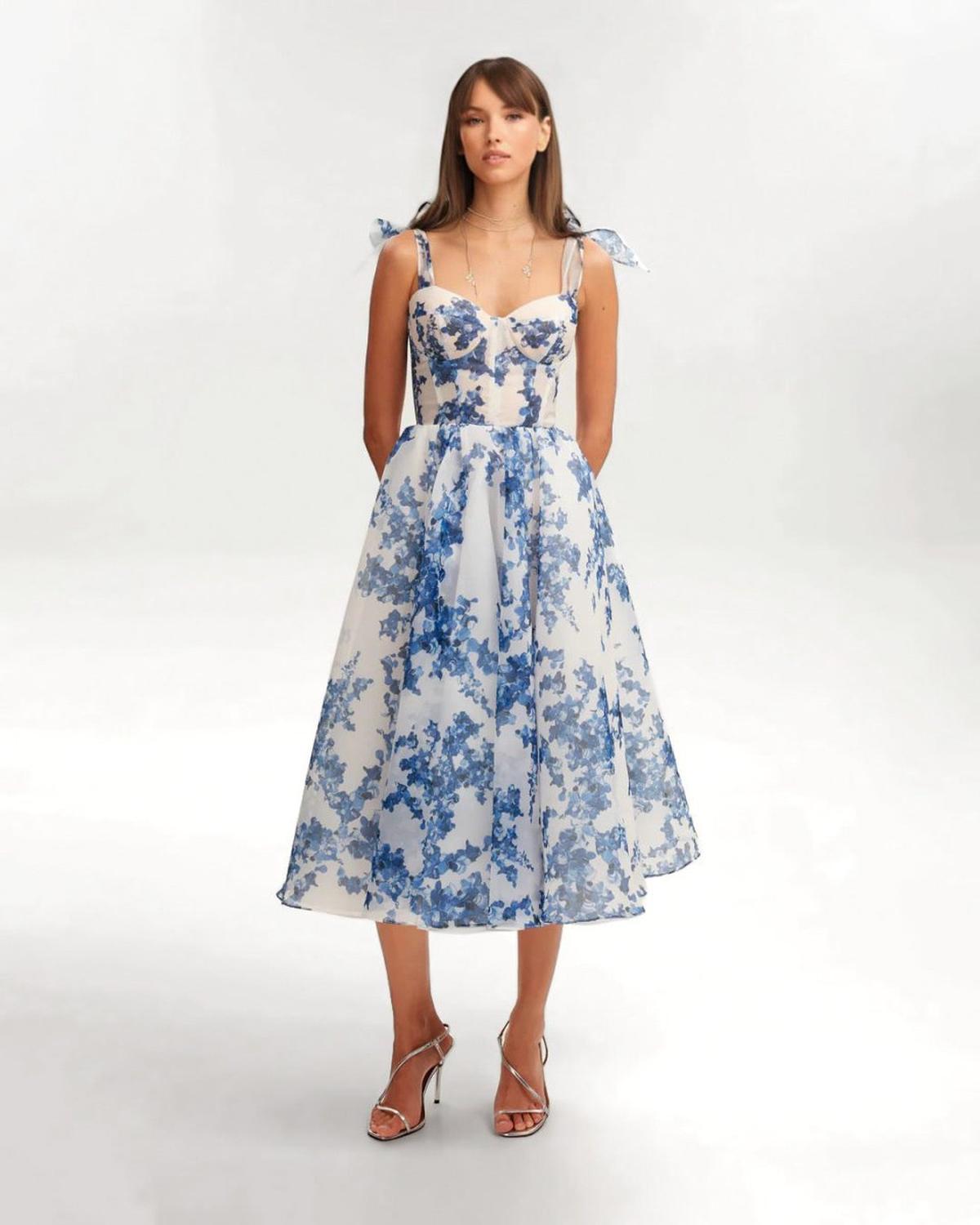 Robe Midi Organza Florale | Col Sweetheart | Bretelles Fines | Été