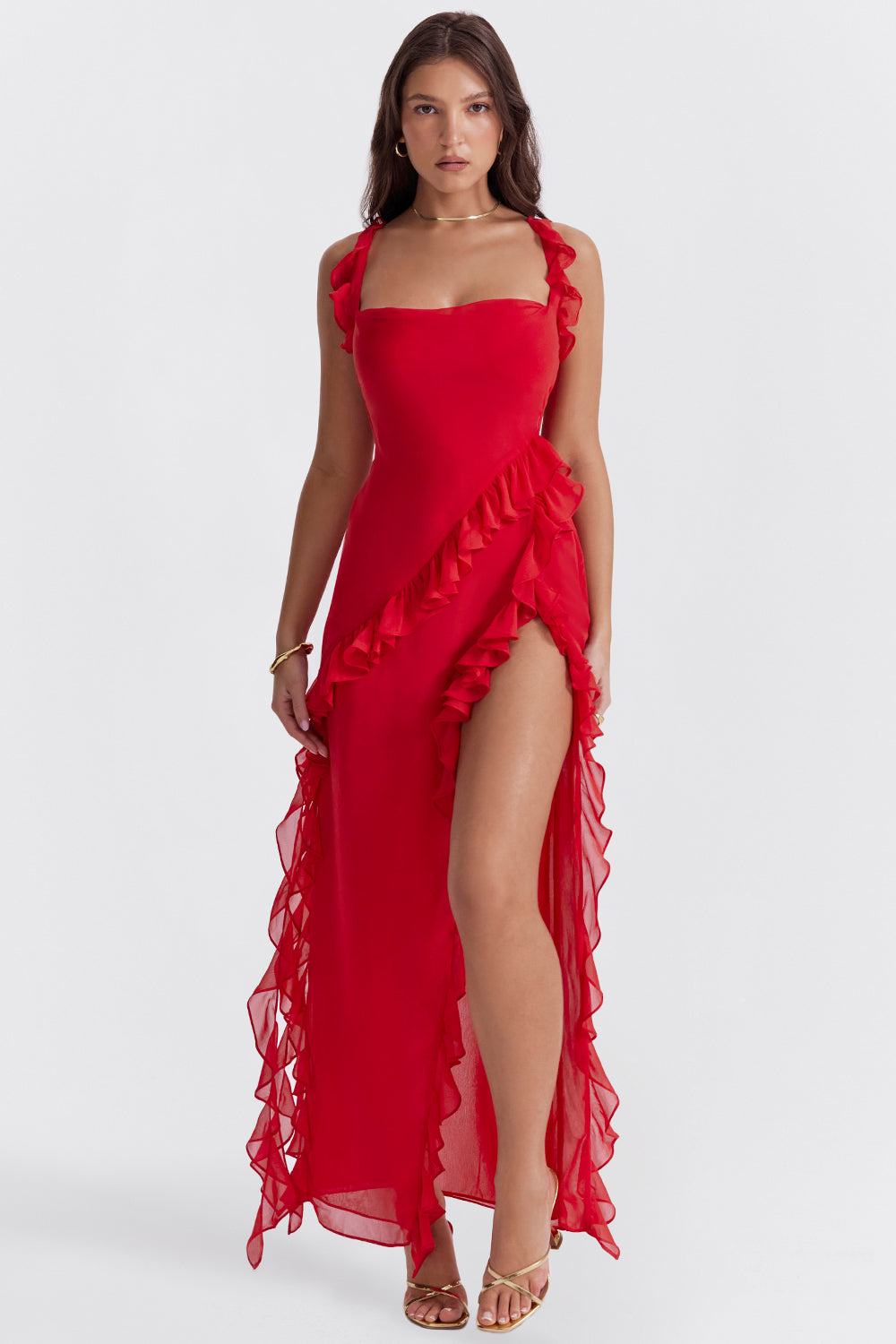 Robe Maxi Ruffle Split | Bretelles Carrées, Sans Manches, Ourlet Drapé