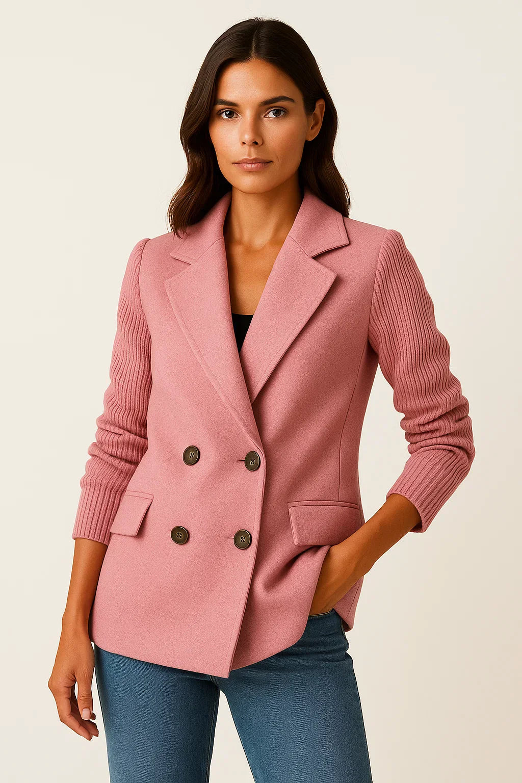 Blazer à Manches Tricot | Double-Boutonnage en Mélange Laine