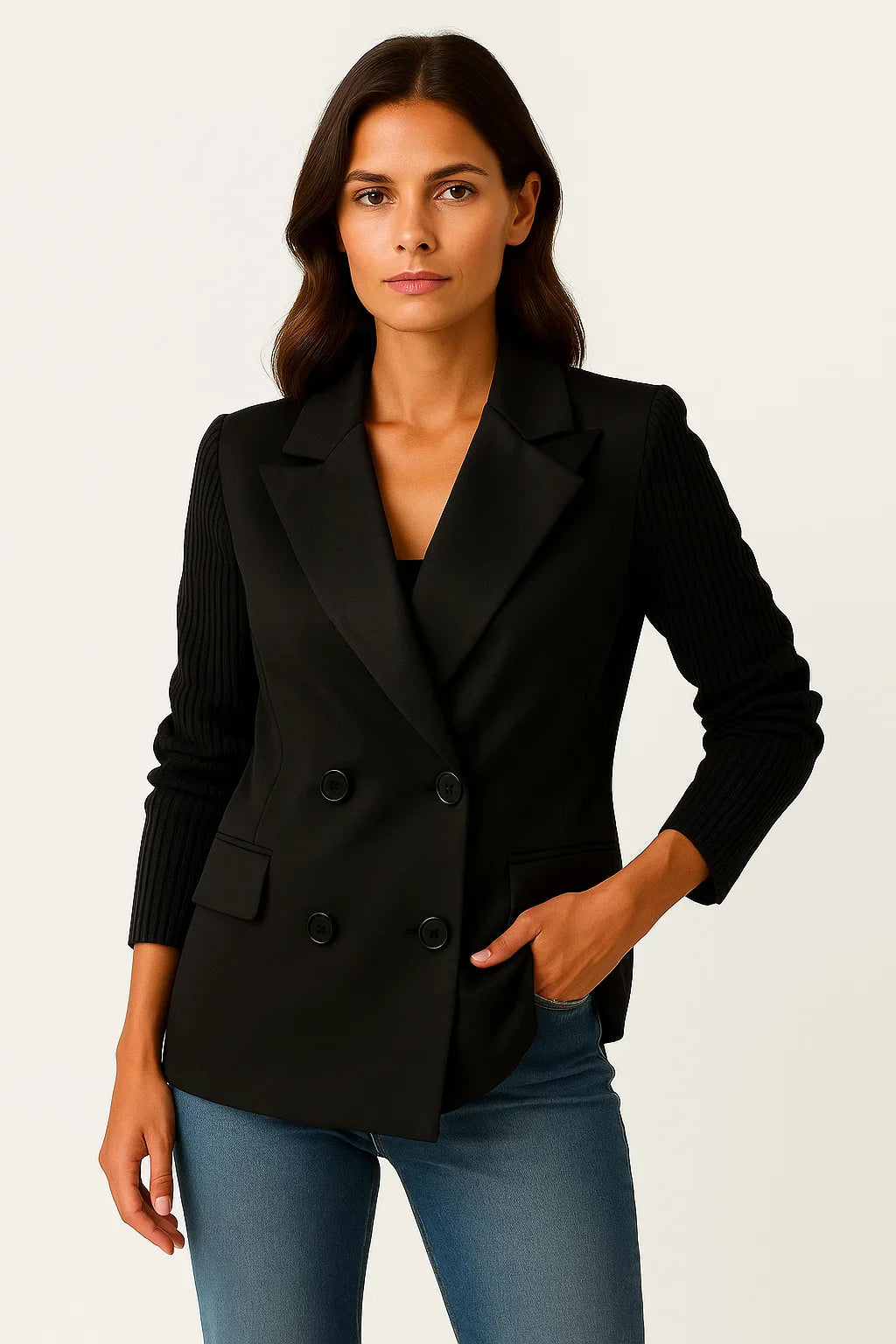 Blazer à Manches Tricot | Double-Boutonnage en Mélange Laine