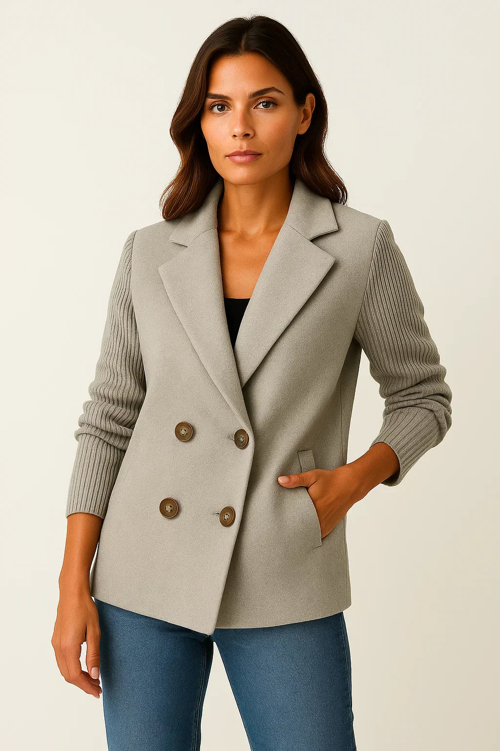 Blazer à Manches Tricot | Double-Boutonnage en Mélange Laine