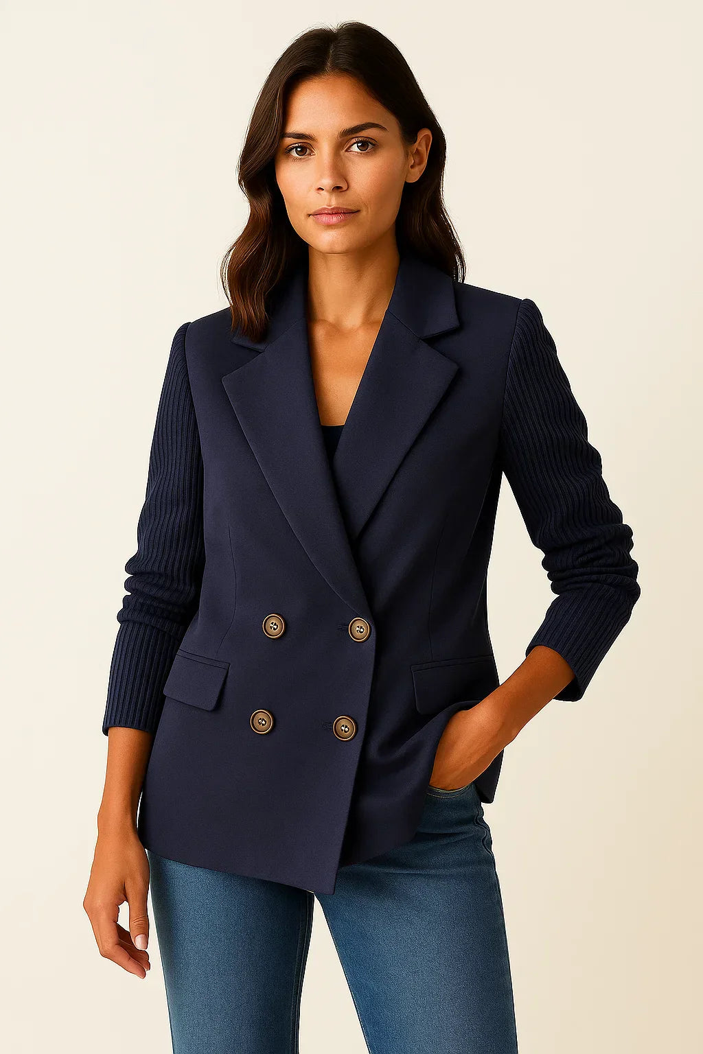 Blazer à Manches Tricot | Double-Boutonnage en Mélange Laine
