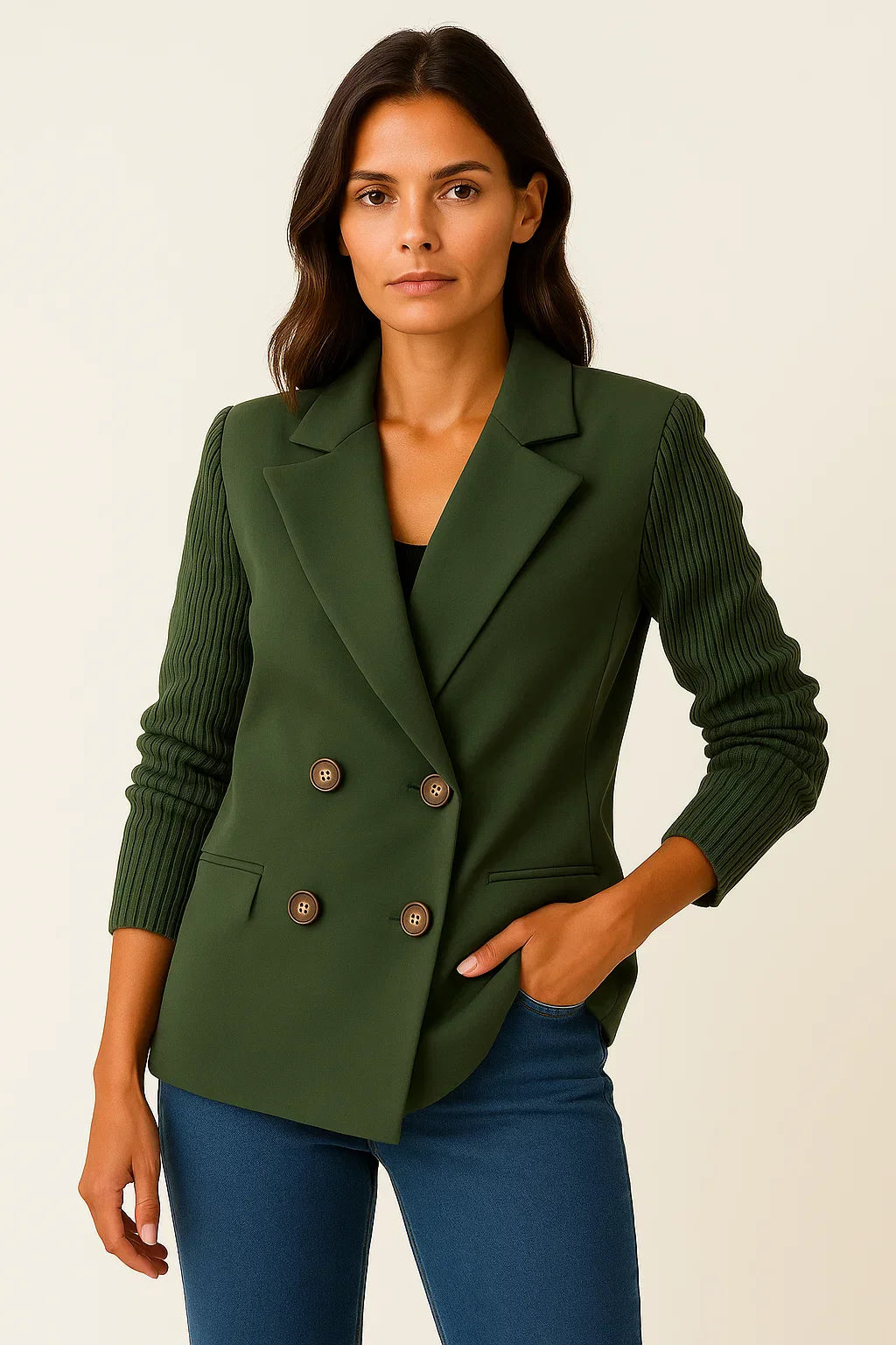 Blazer à Manches Tricot | Double-Boutonnage en Mélange Laine