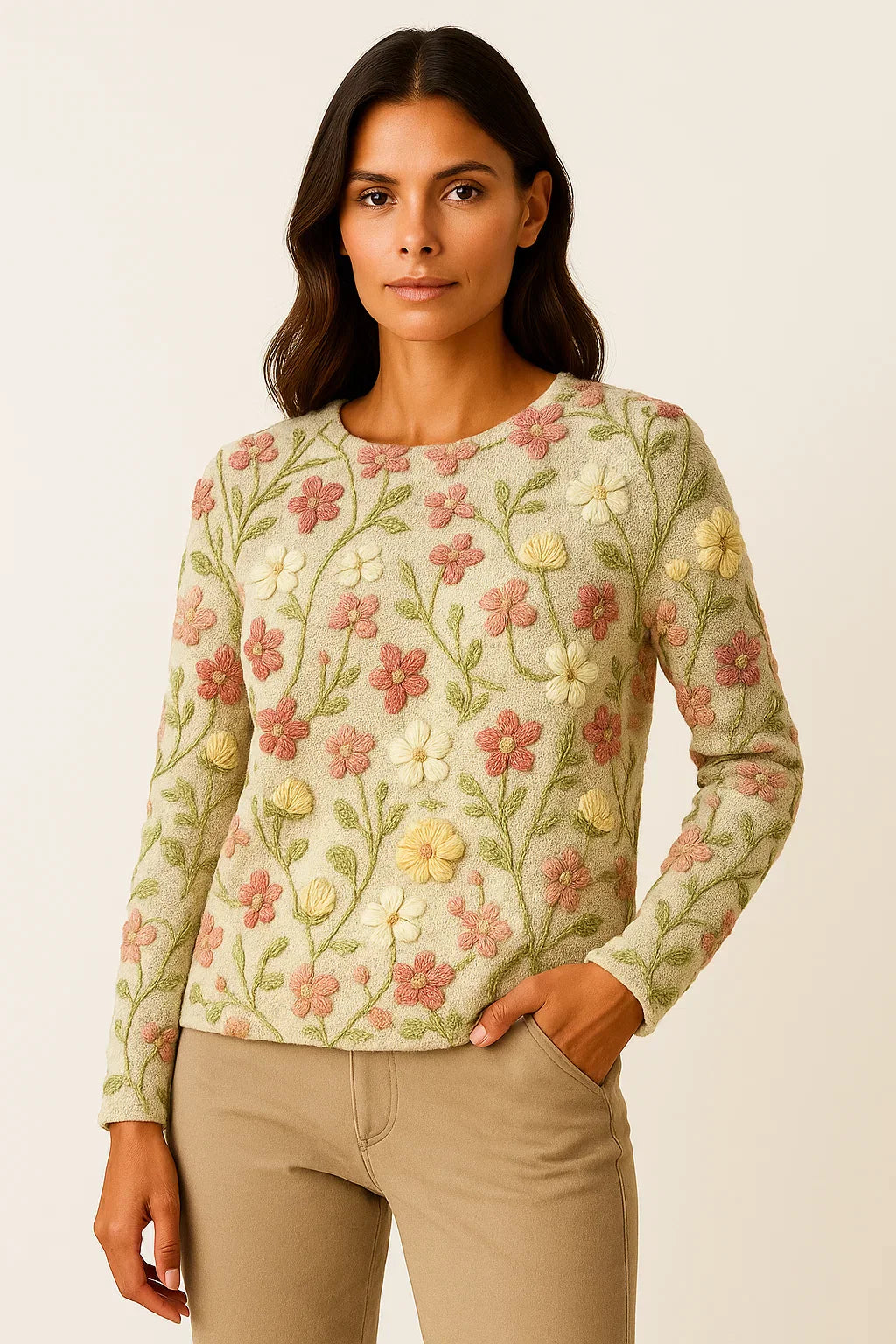 Pull Fleurie Brodé | Maille Douce | Col Rond