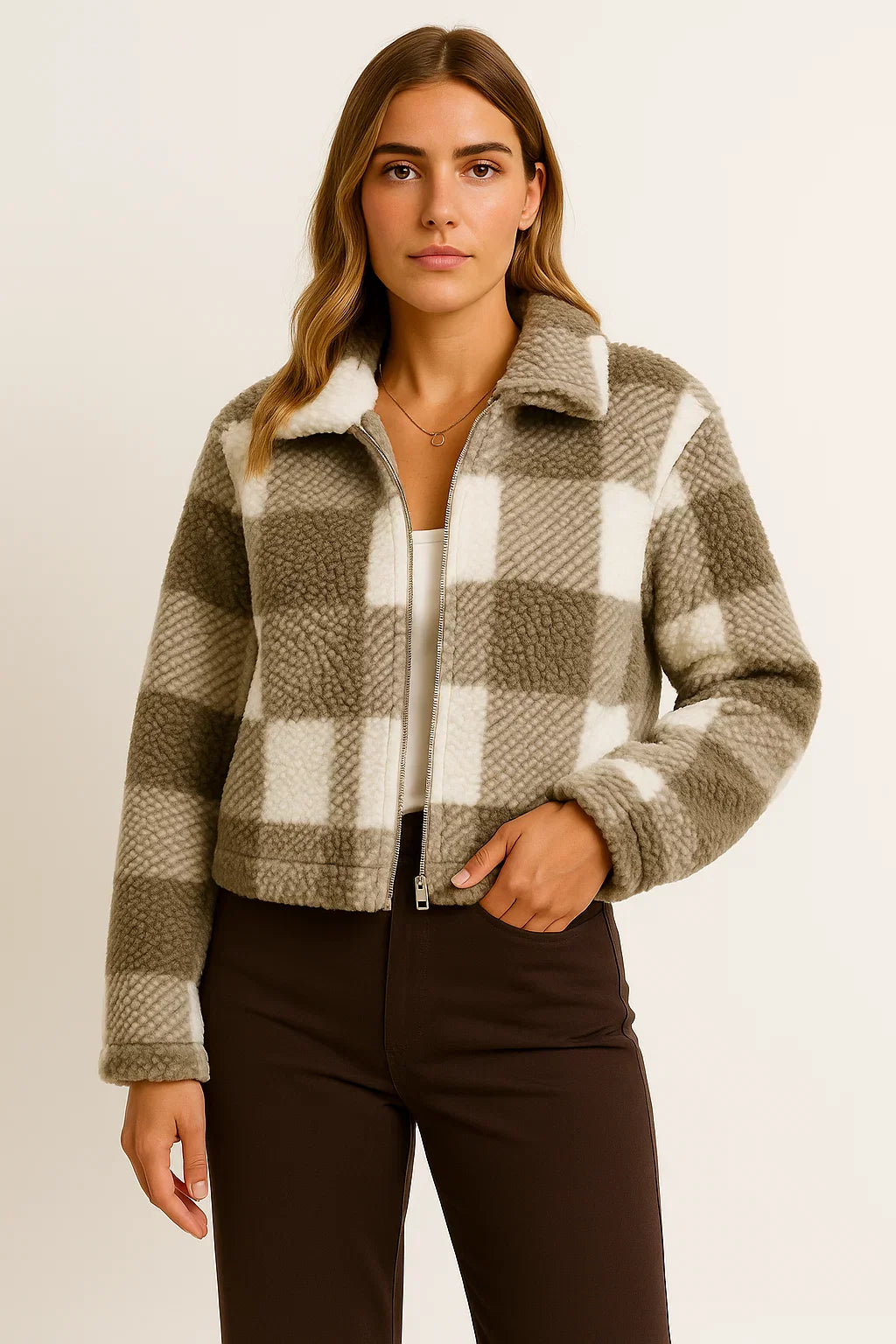 Veste Teddy Carreaux | Zip Front | Finition Tissu Doux