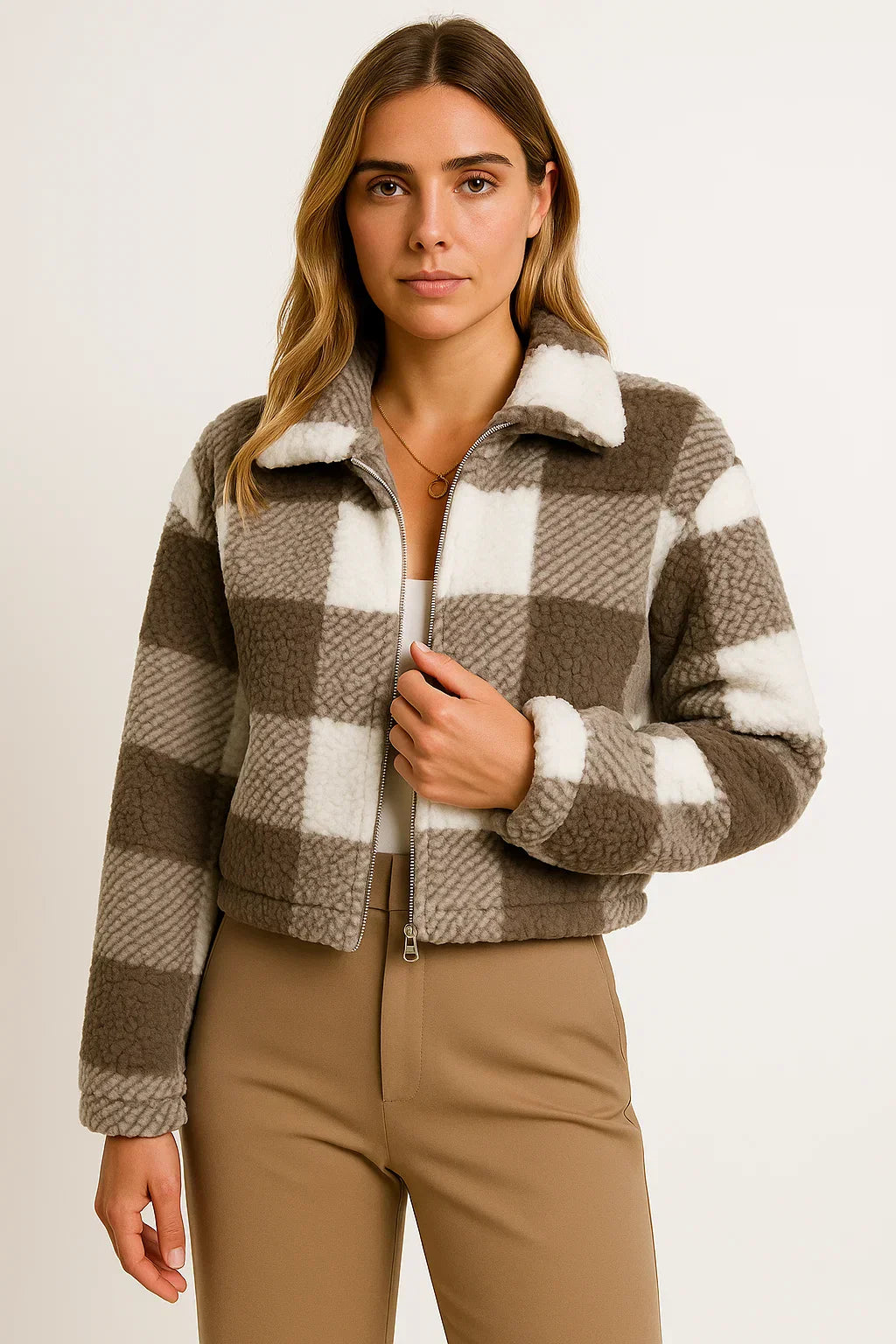 Veste Teddy Carreaux | Zip Front | Finition Tissu Doux