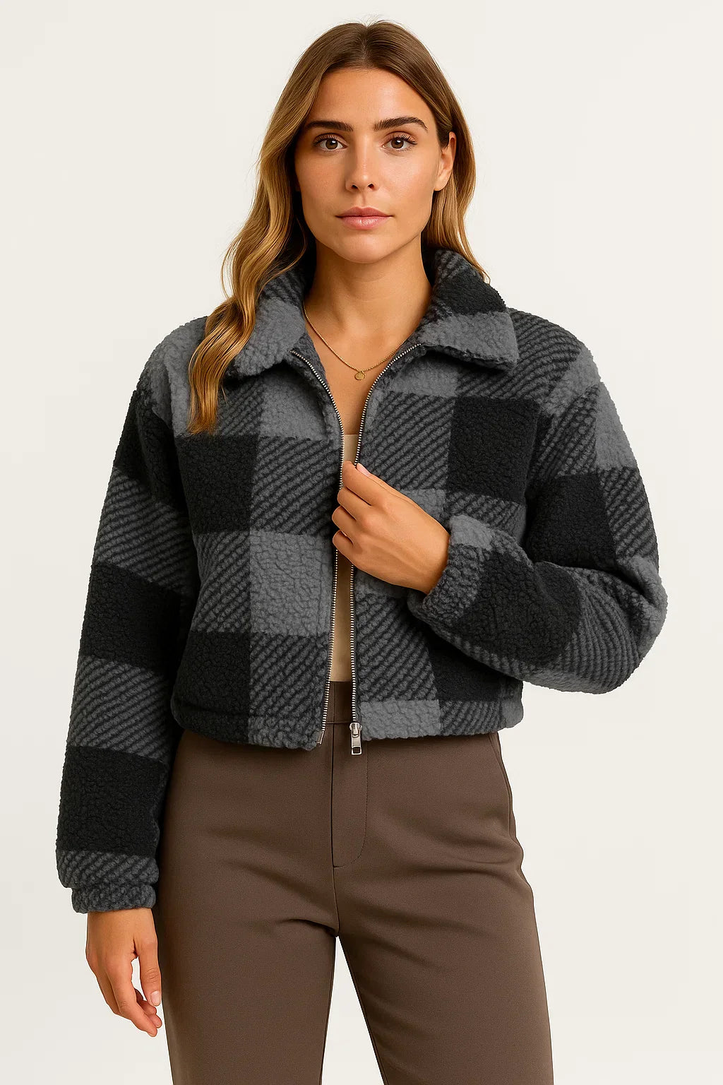 Veste Teddy Carreaux | Zip Front | Finition Tissu Doux