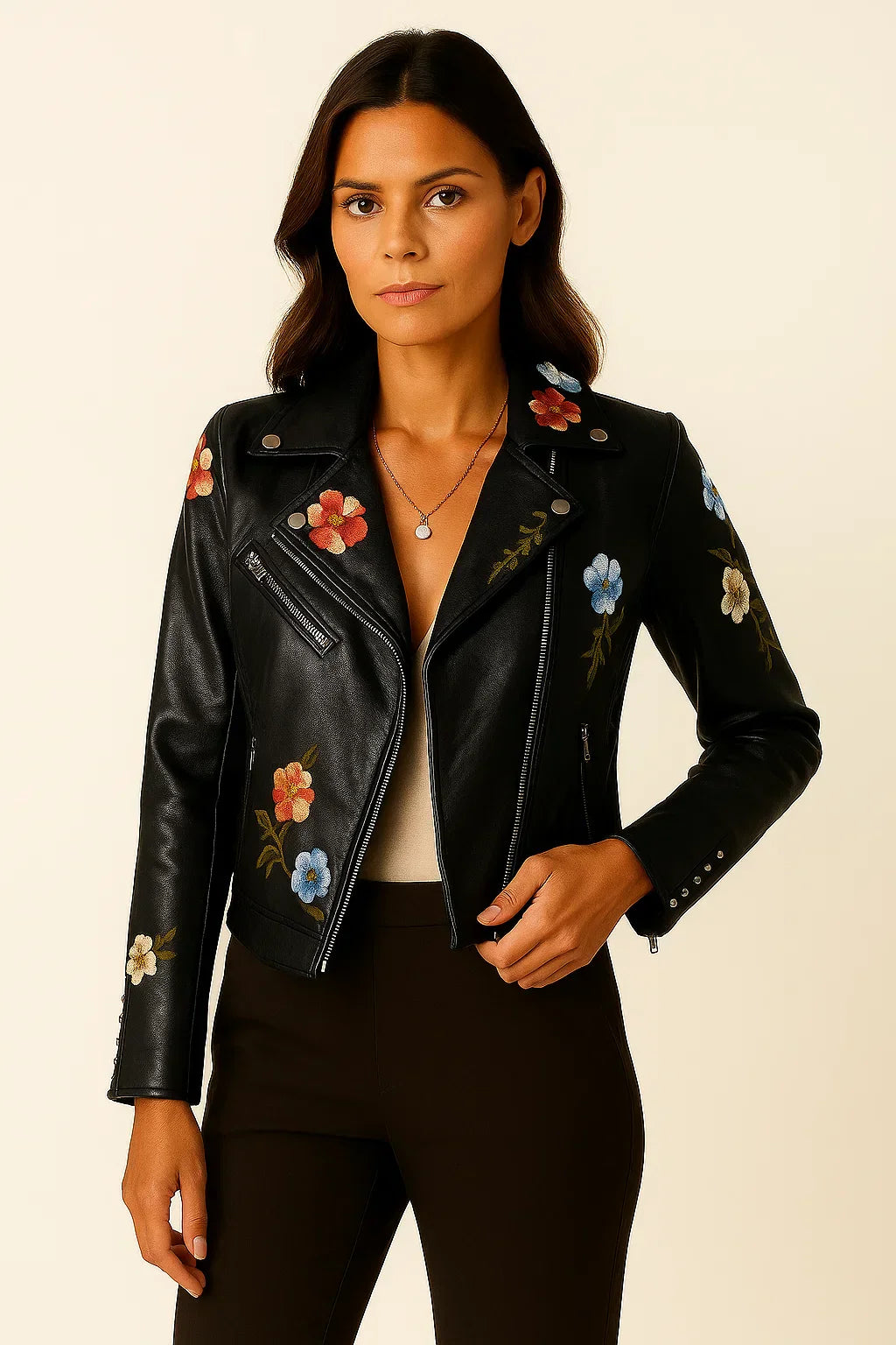 Veste Biker en Faux Cuir Brodé | Fermeture Éclair | Coupe Ajustée