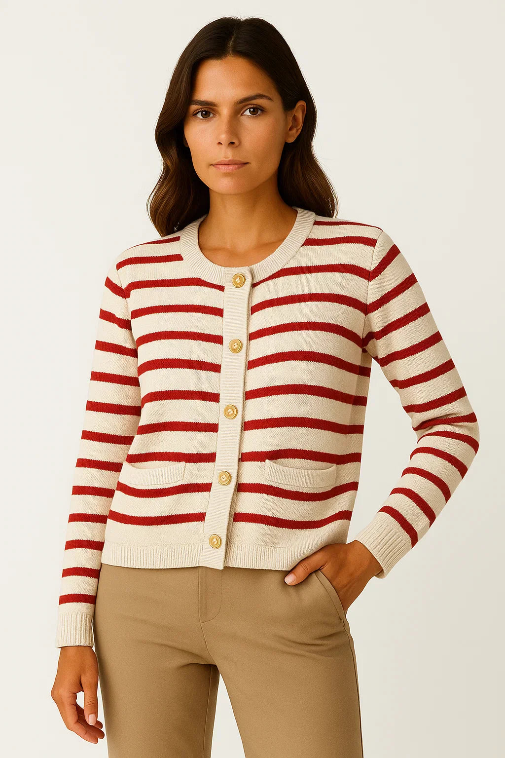 Cardigan Rayé | Maille Douce | Détails Or