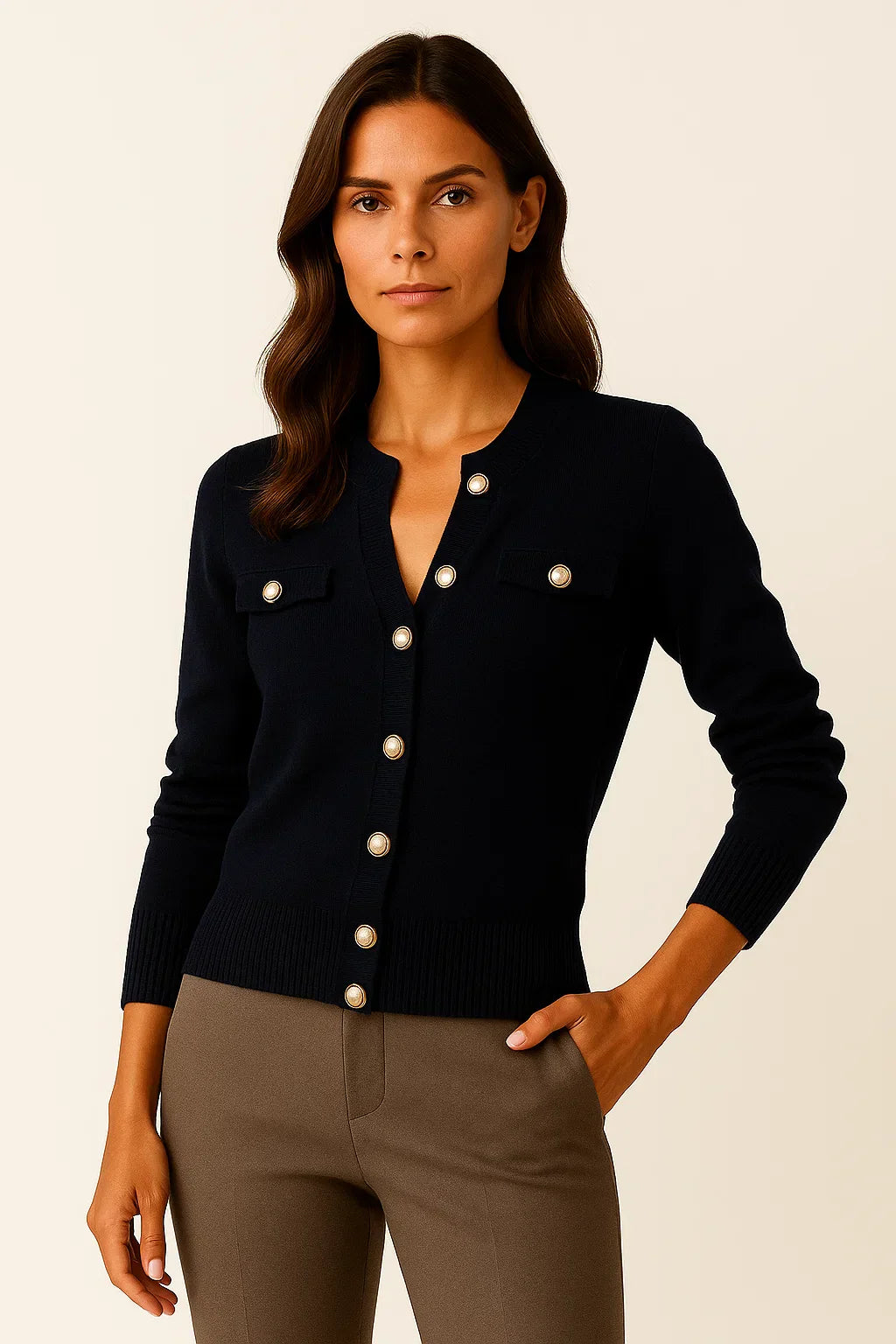 Cardigan en Laine-Coton pour Femme | Tricot à Bouton Perle | Coupe Regular