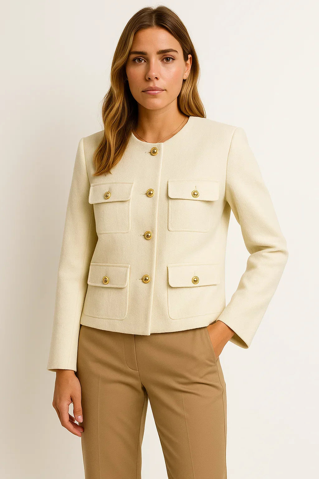 Veste Cropped Femme | Détail Bouton Or | Polyester Structuré