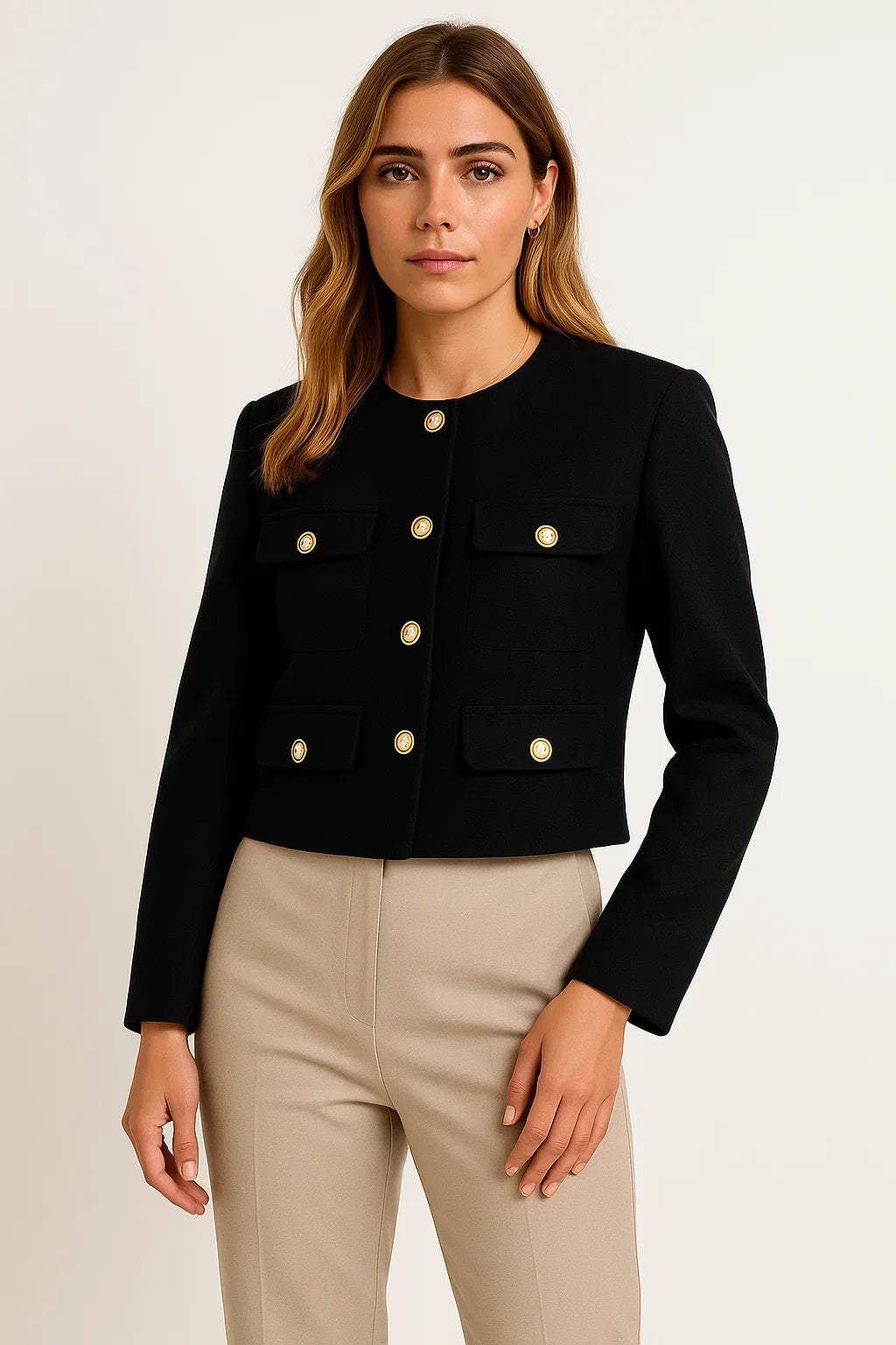 Veste Cropped Femme | Détail Bouton Or | Polyester Structuré