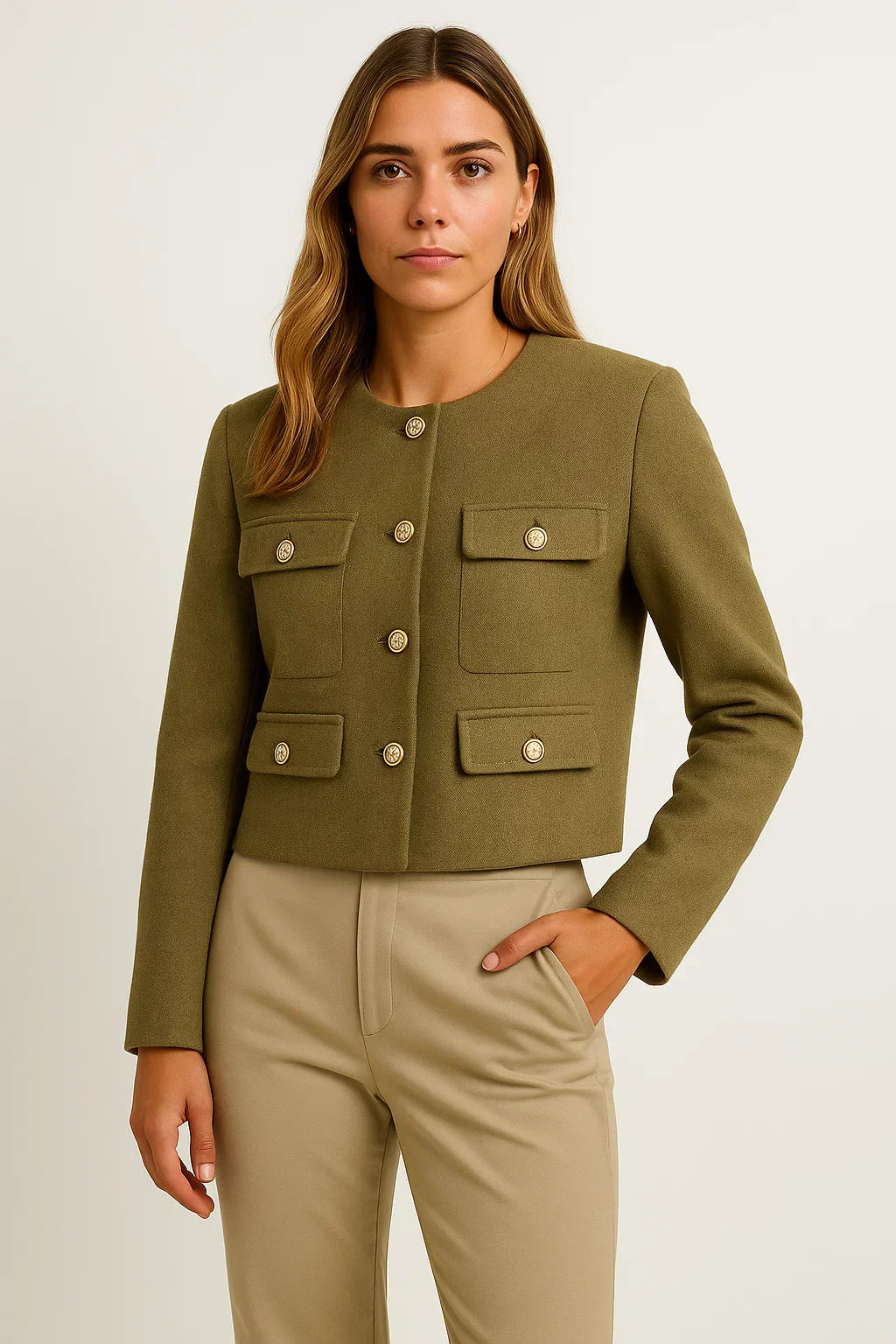Veste Cropped Femme | Détail Bouton Or | Polyester Structuré