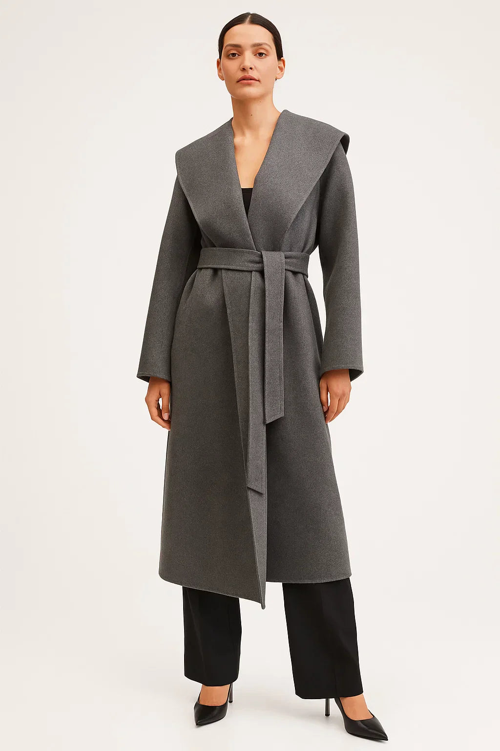 Manteau Long en Mélange de Laine | Col Châle | Ceinturé