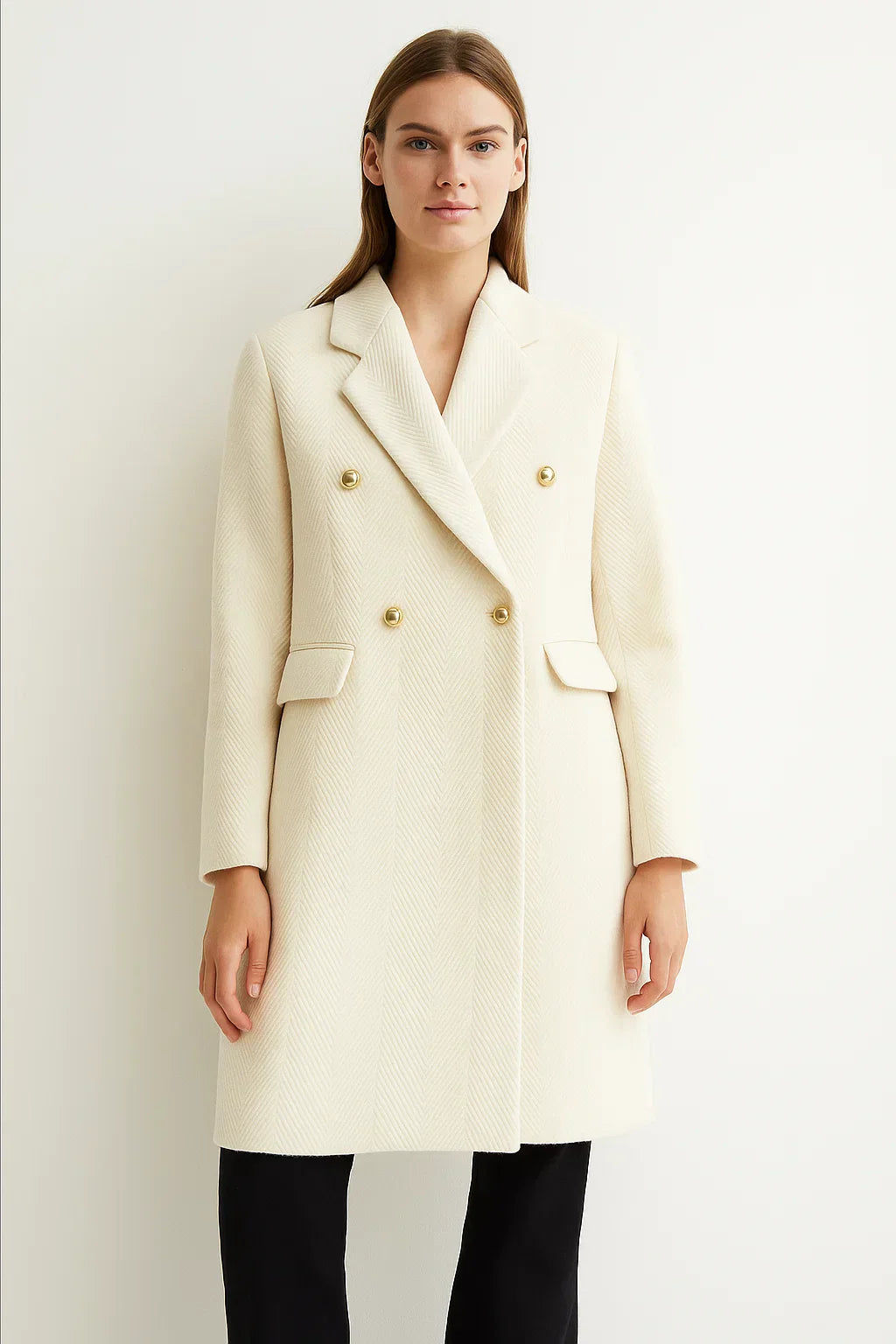 Manteau Long en Mélange de Laine | Tissage Chevron | Double Boutonnage Boutons Or